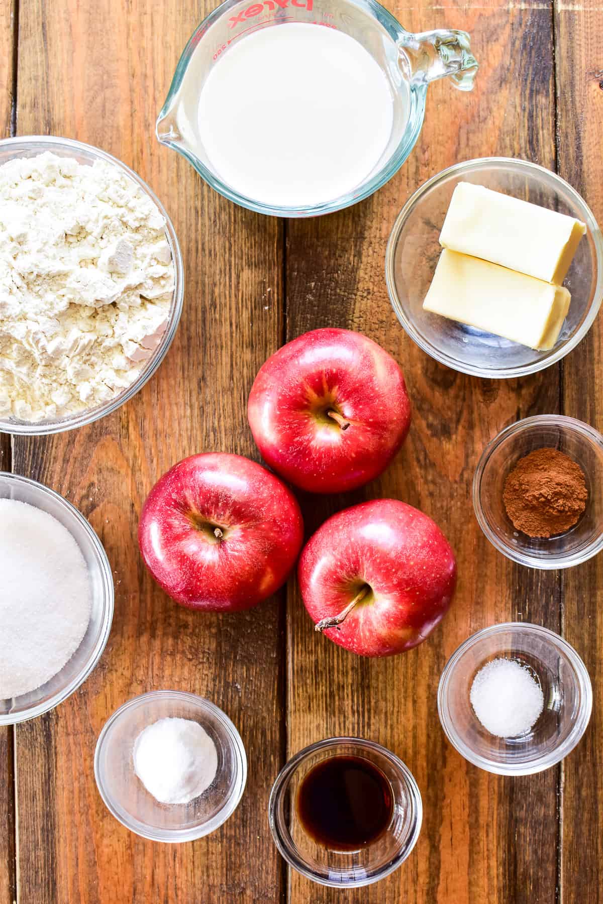 Overhead shot of apple cake ingredients