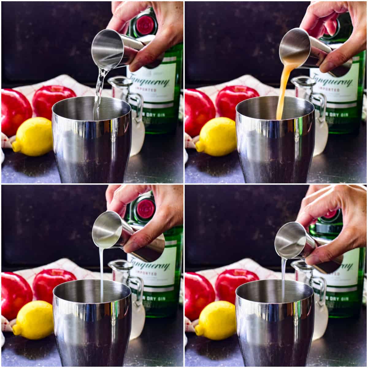 Step by step shots of mixing an Apple Gin Fizz