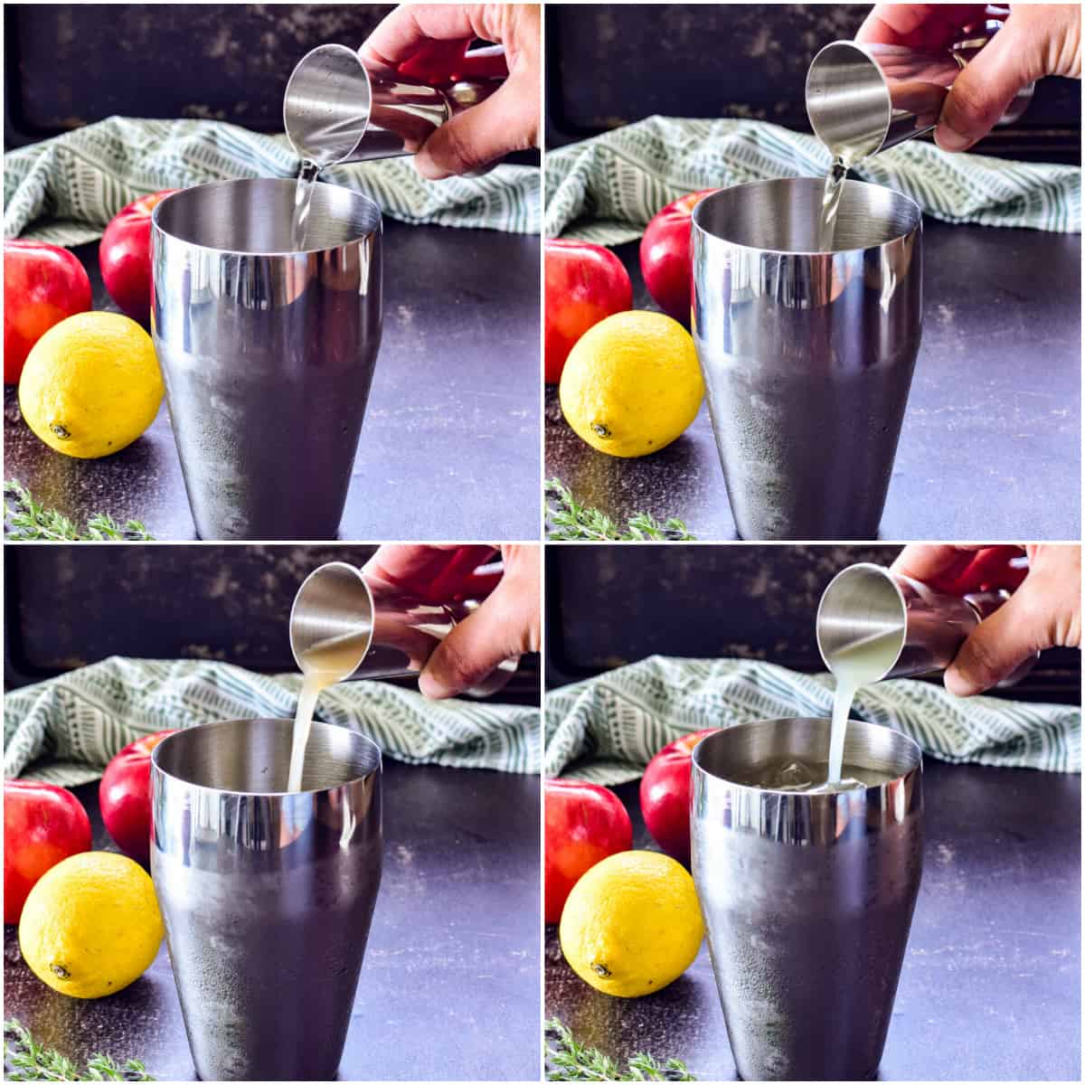 Process shots of pouring ingredients into a cocktail shaker