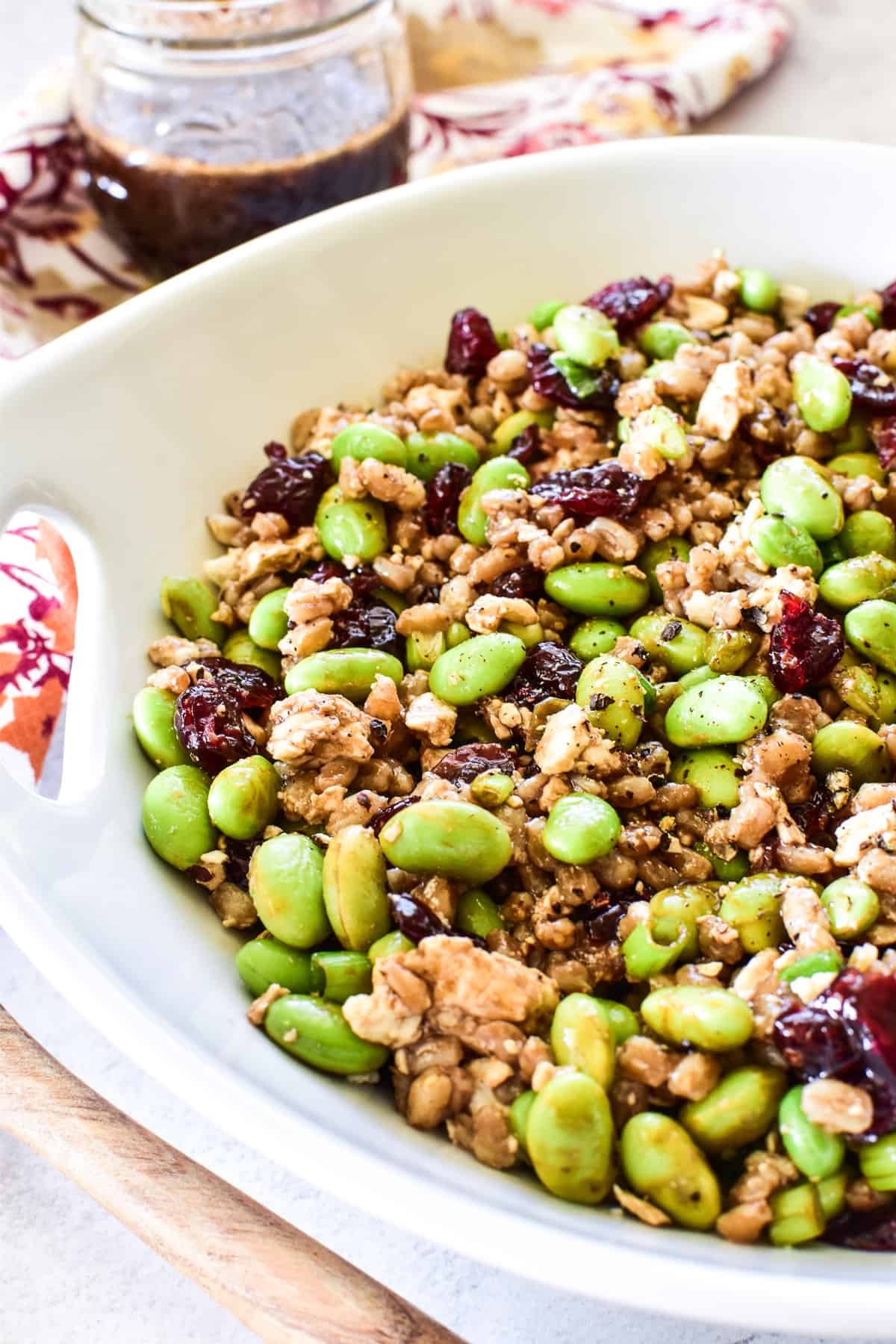 Close up photo of Farro Salad in serving bowl