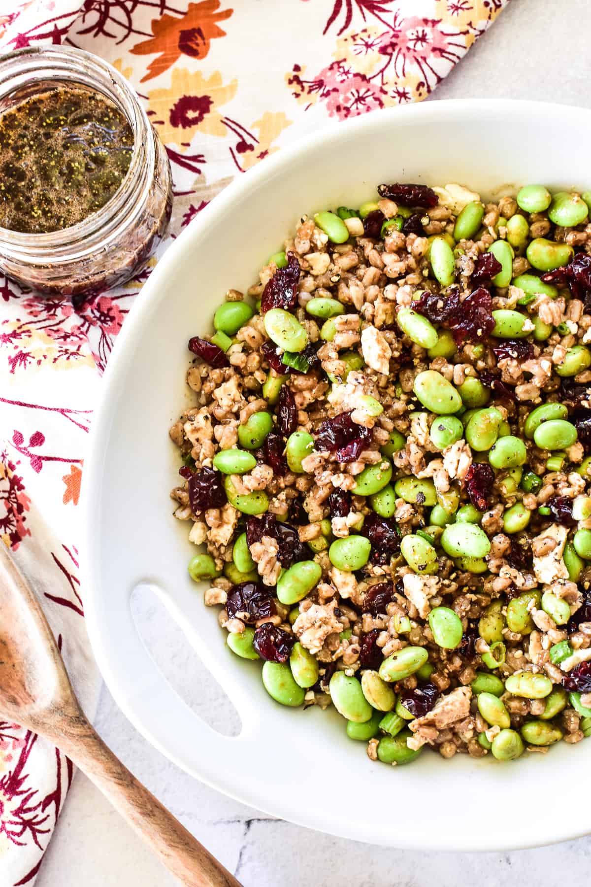 Overhead close up of Farro Salad in white bowl