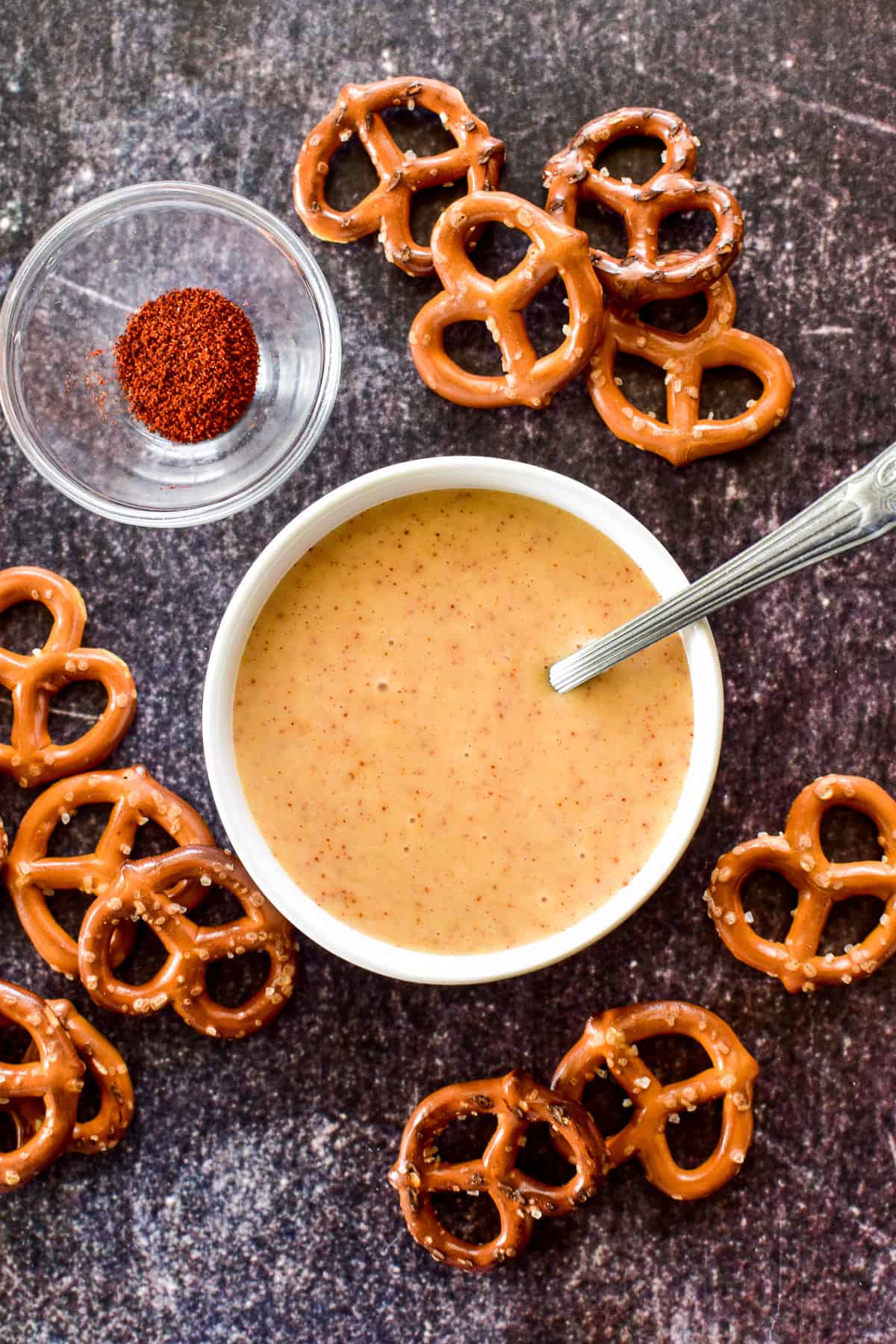 Spicy Honey Mustard in a bowl with pretzels