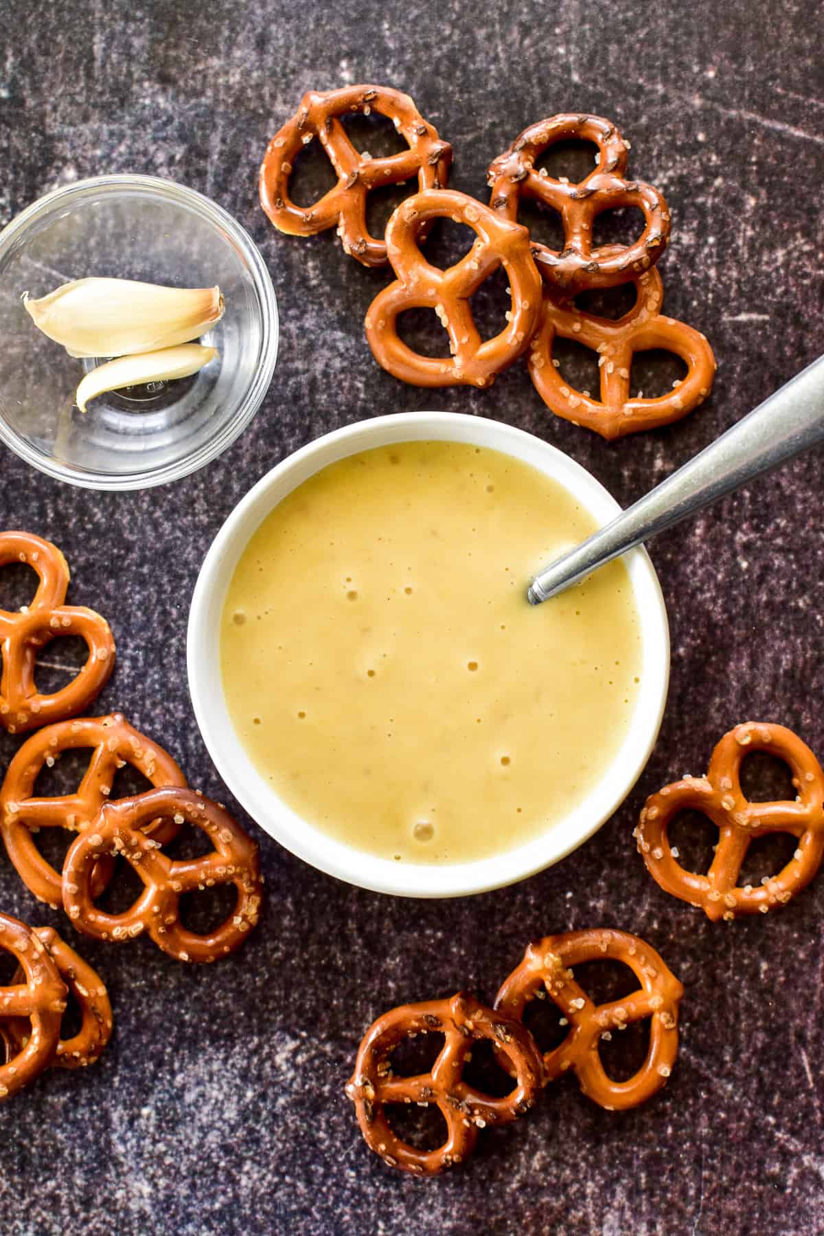 Garlic Honey Mustard in a bowl with pretzels