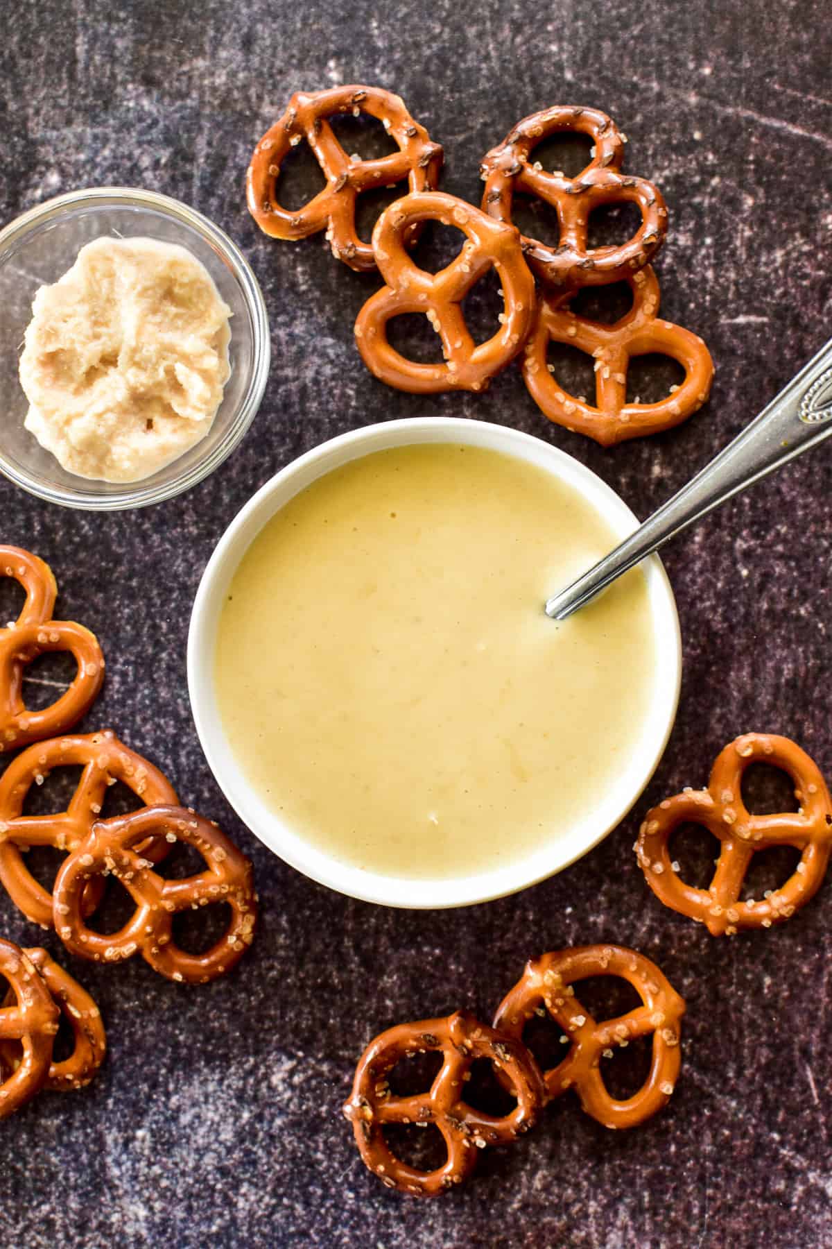 Horseradish Honey Mustard in a bowl with pretzels
