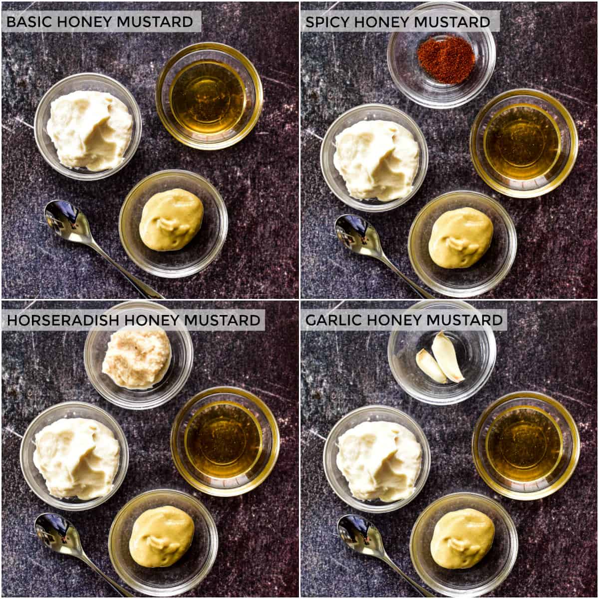 Ingredients for 4 types of Honey Mustard