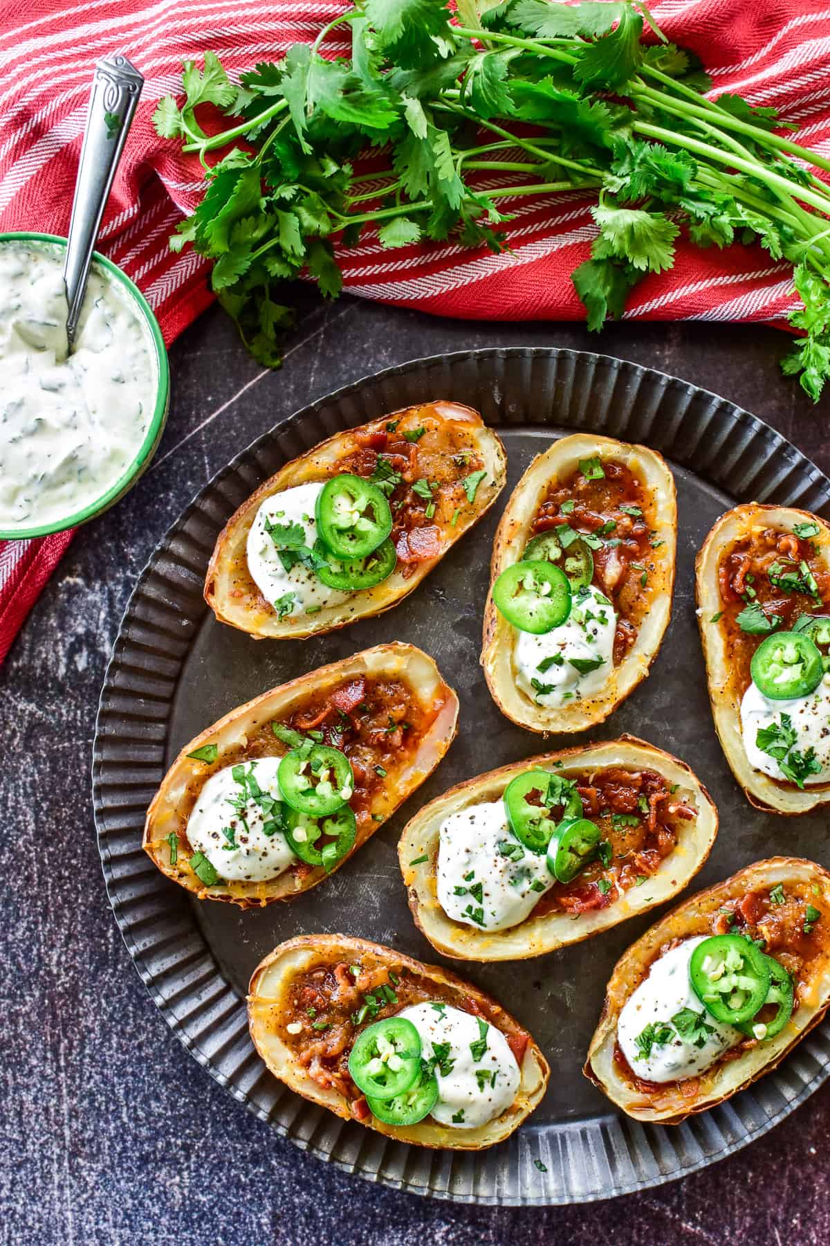 Overhead shot of Potato Skins on serving tray