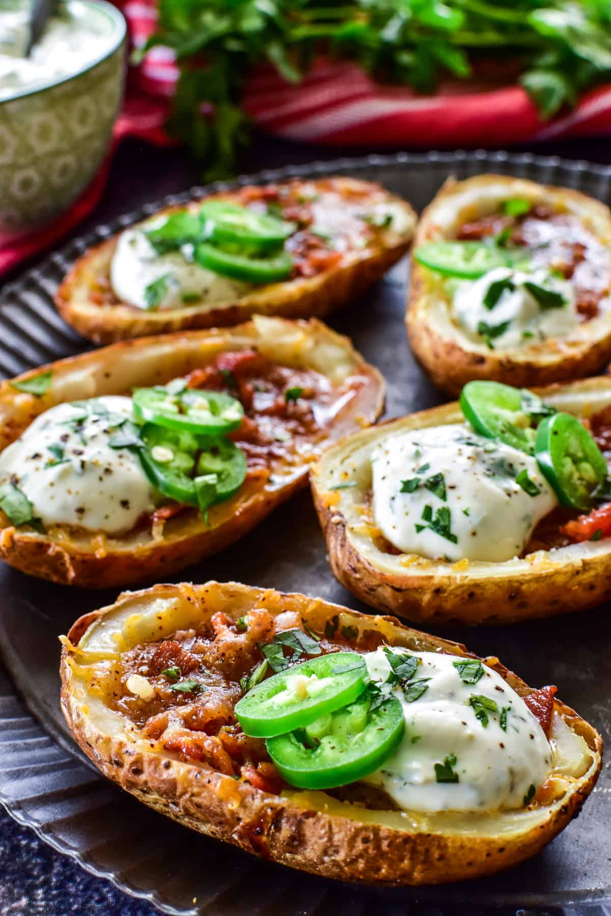 Close up of Southwest Loaded Potato Skins on serving tray