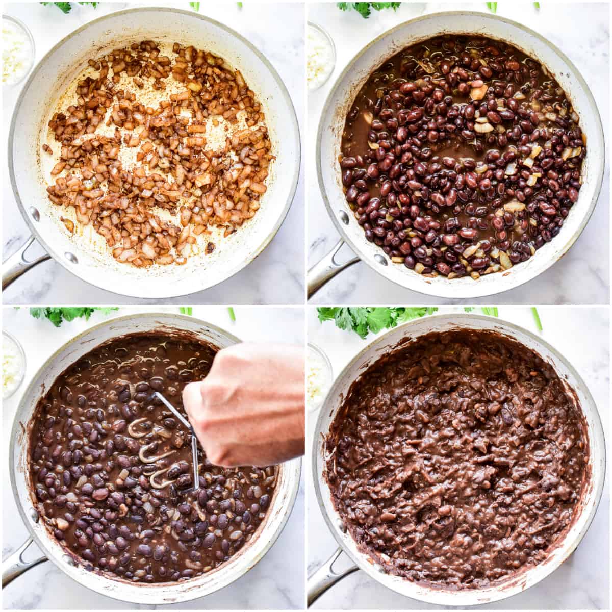 Process photos showing how to make Refried Black Beans