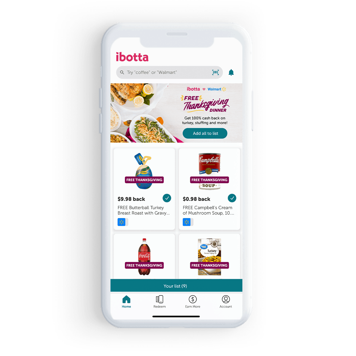 Image of cell phone with Ibotta Free Thanksgiving Dinner