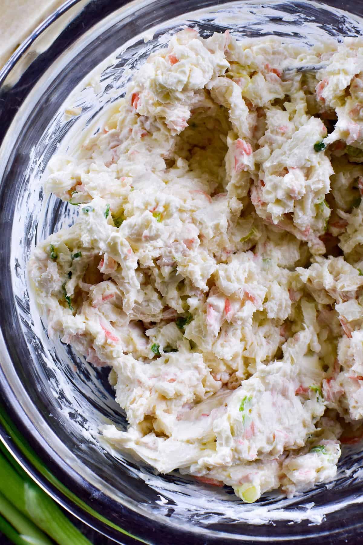 Crab Rangoon filling in a mixing bowl