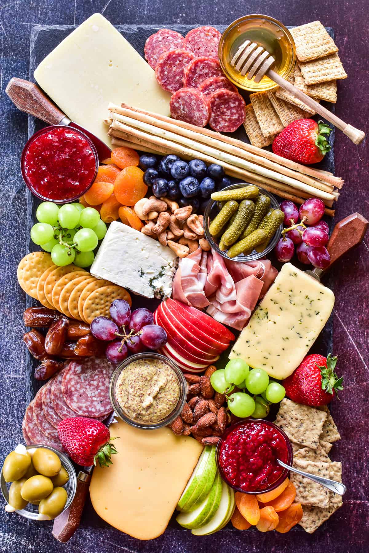 Overhead shot of full charcuterie board