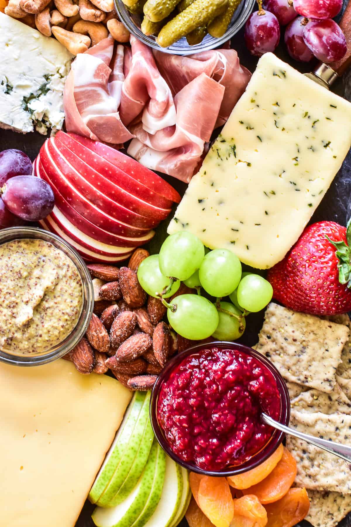 Overhead shot of charcuterie close up