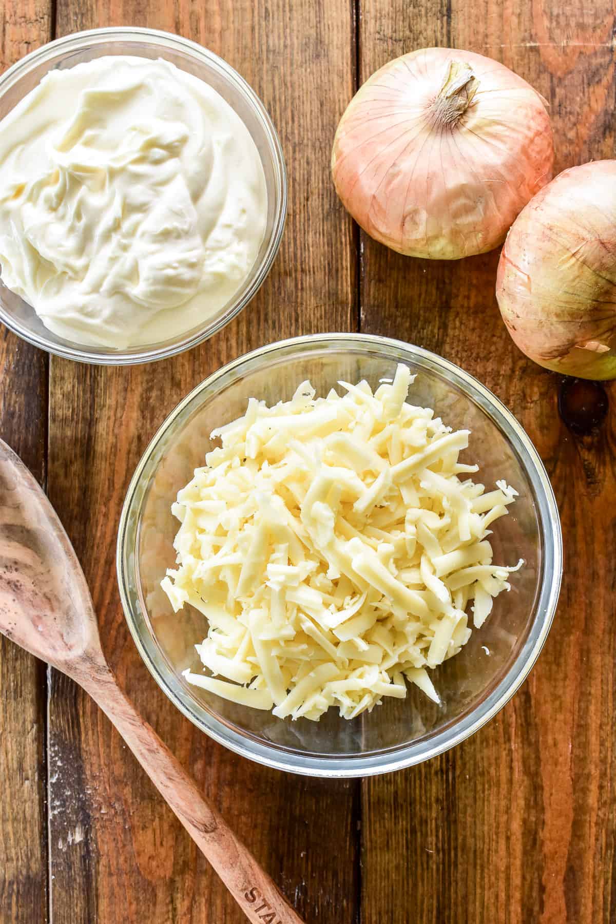 Vidalia Onion Dip ingredients on a wooden background