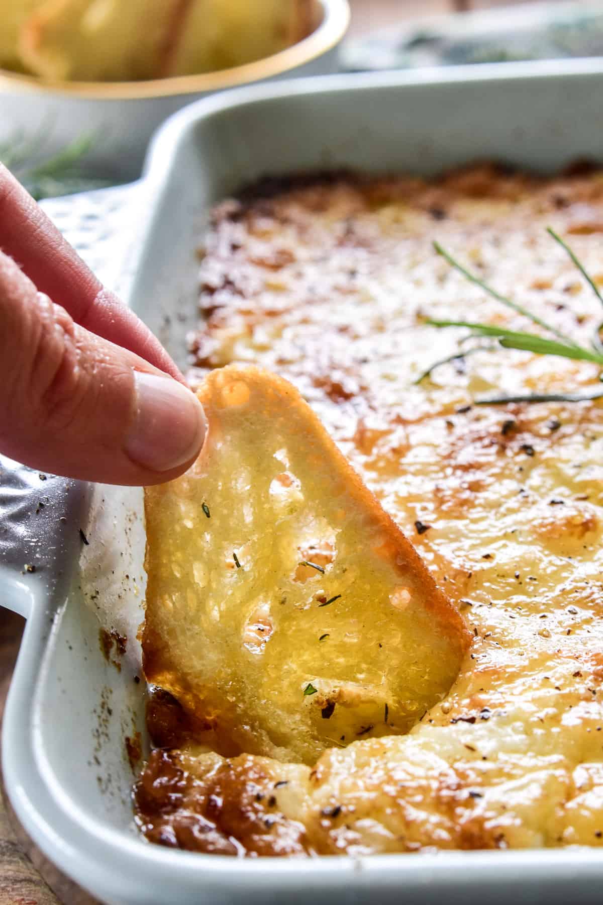 Crostini dipping into Sweet Vidalia Onion Dip