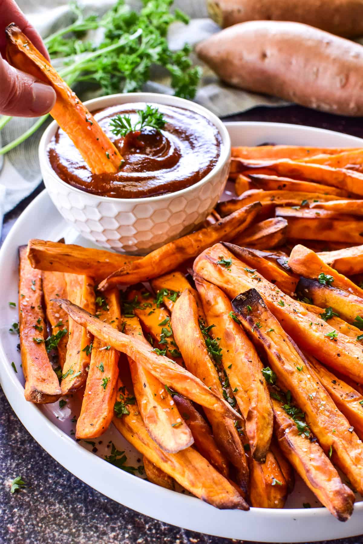 Sweet Potato Fries dipped in curry ketchup