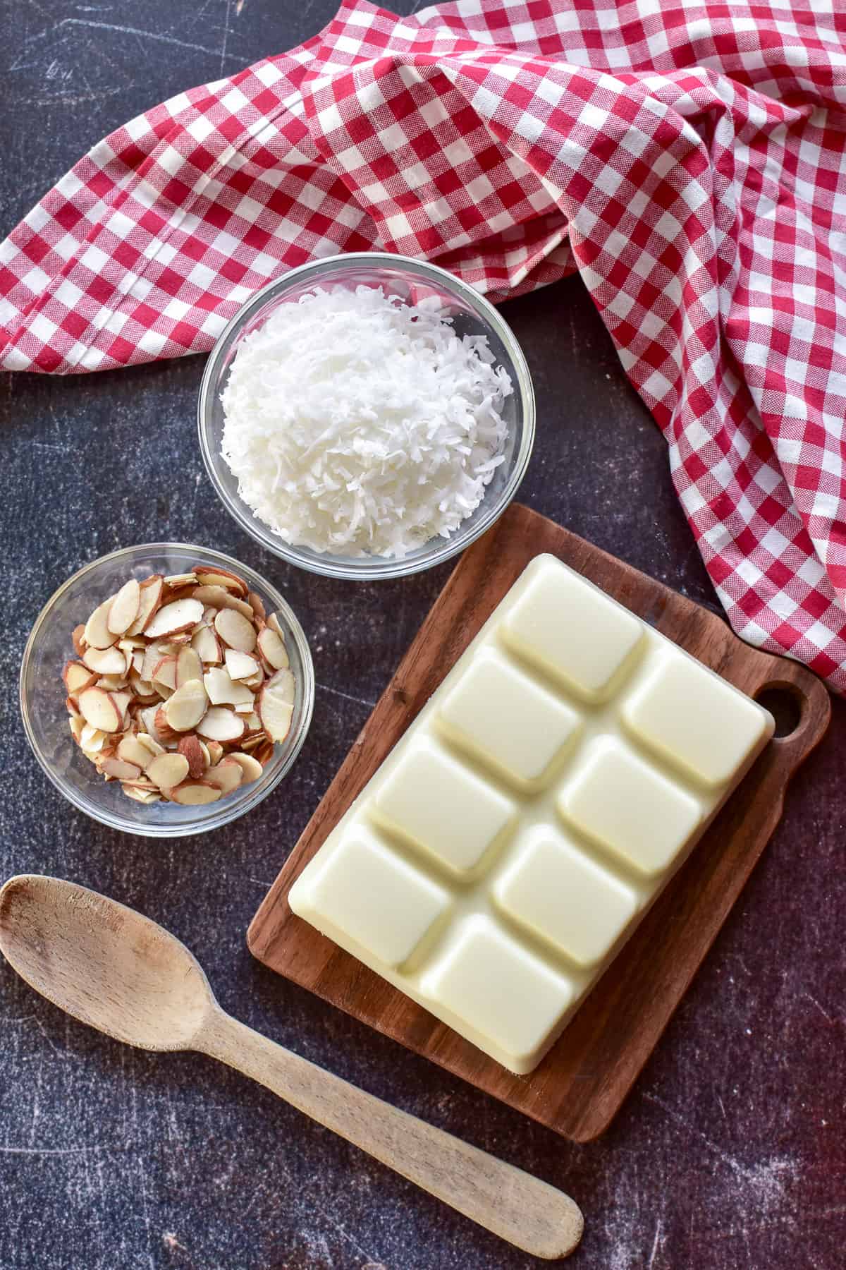 Toasted Coconut Bark ingredients with a red & white checkered towel