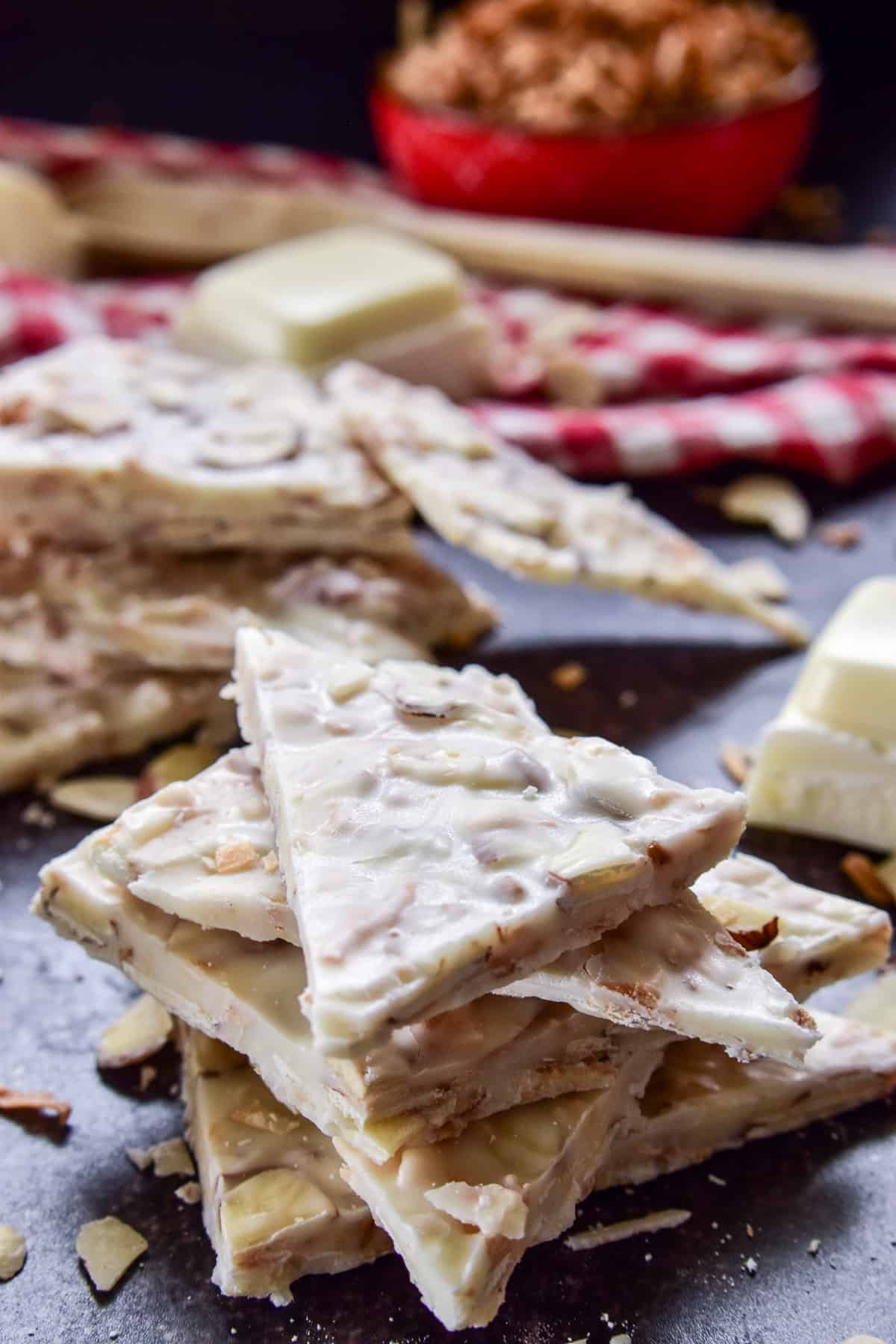 Close up stack of Toasted Coconut Bark cut into triangles