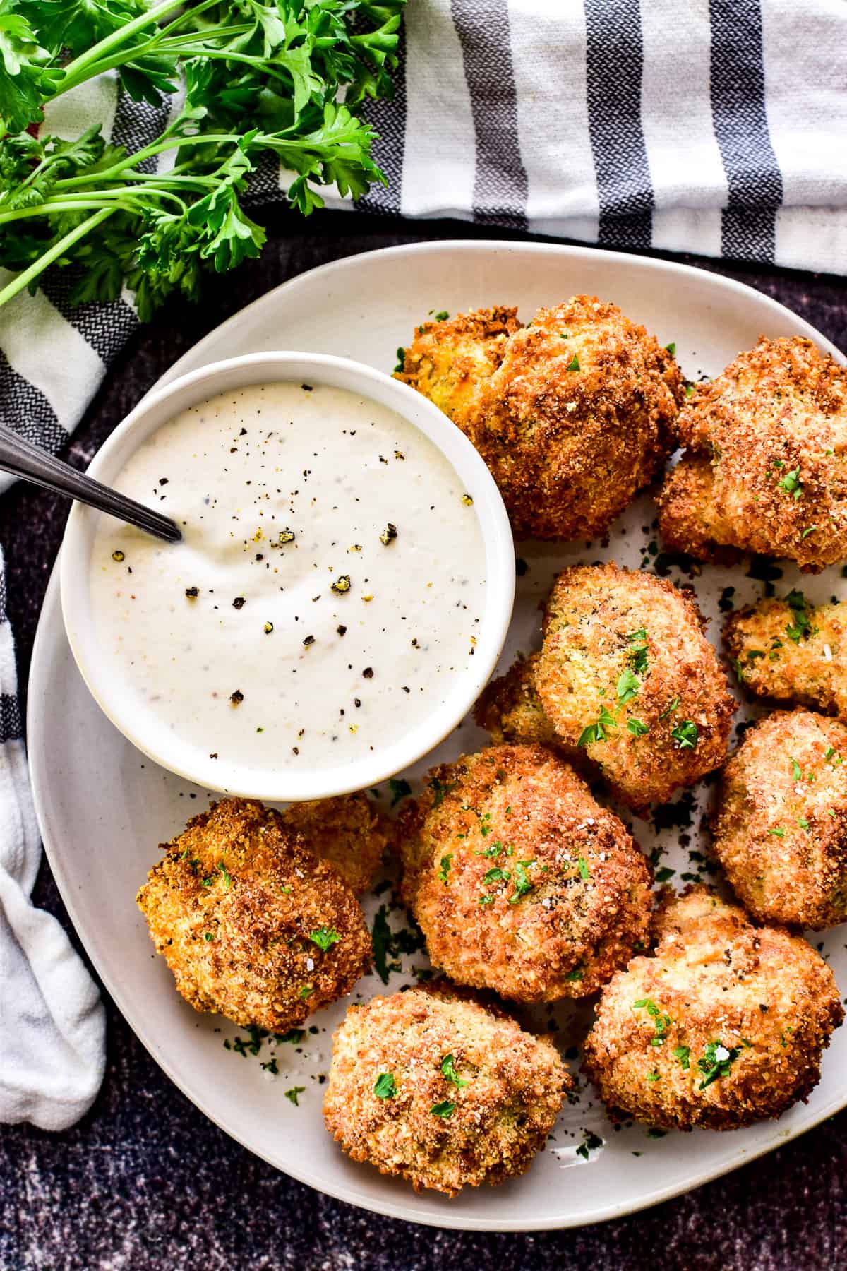 Overhead shot of Air Fryer Mushrooms with Horseradish Sauce