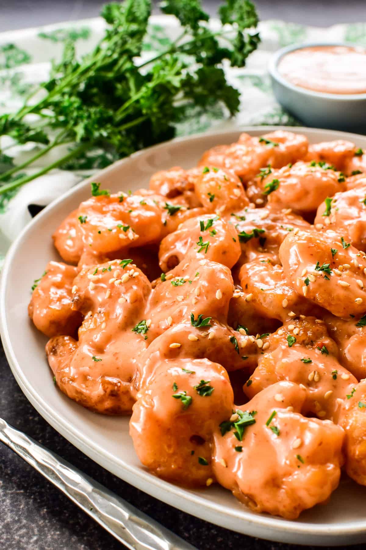 Bang Bang Shrimp on a white plate