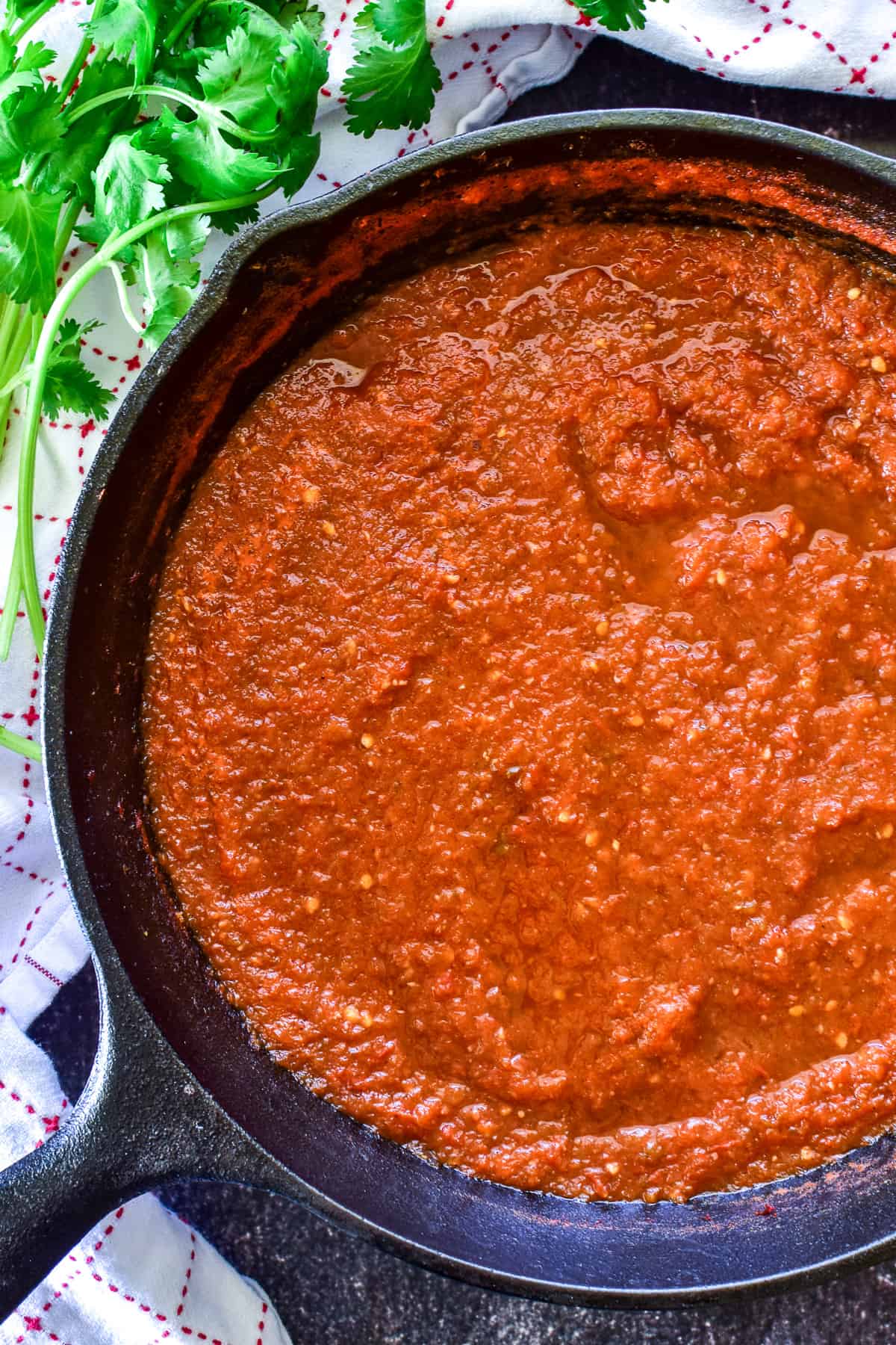 Chilaquile sauce in a cast iron skillet
