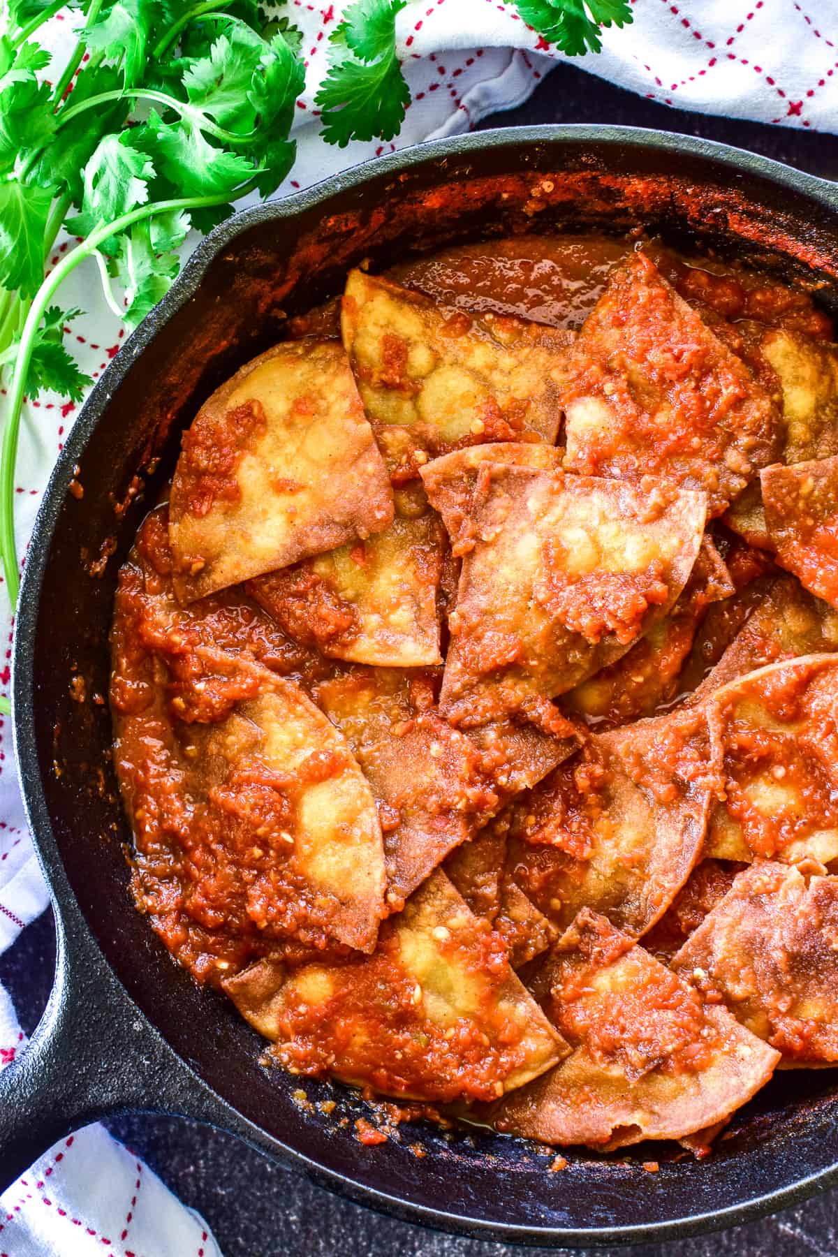 Chilaquiles in a cast iron skillet without toppings