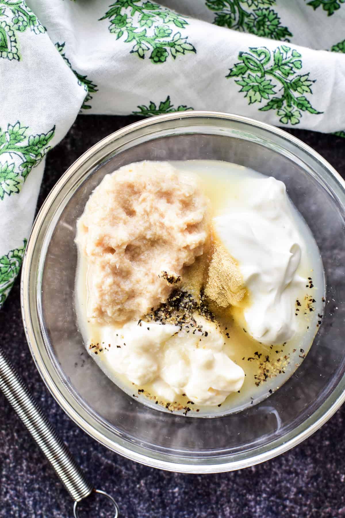 Horseradish Sauce ingredients in a glass mixing bowl