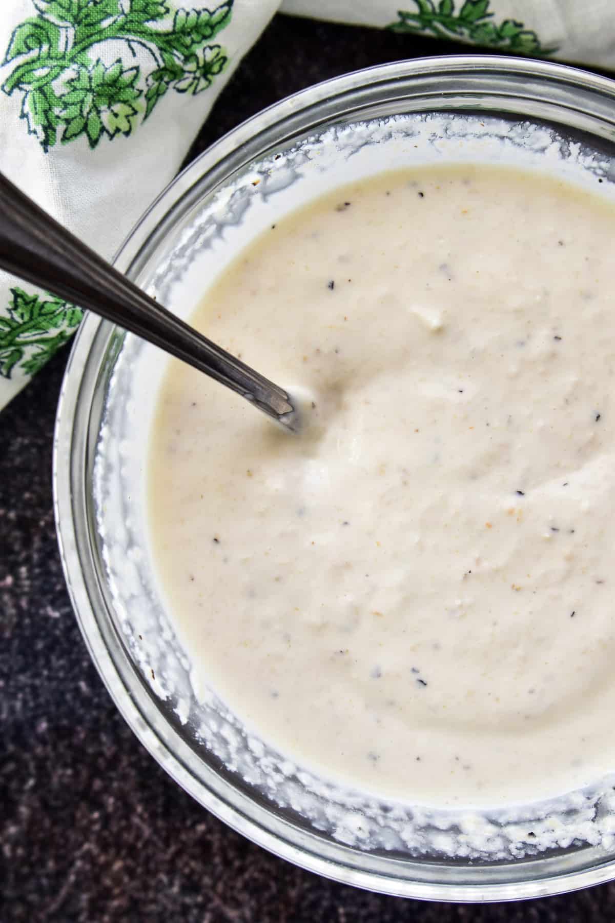 Overhead shot of Horseradish Sauce in a mixing bowl