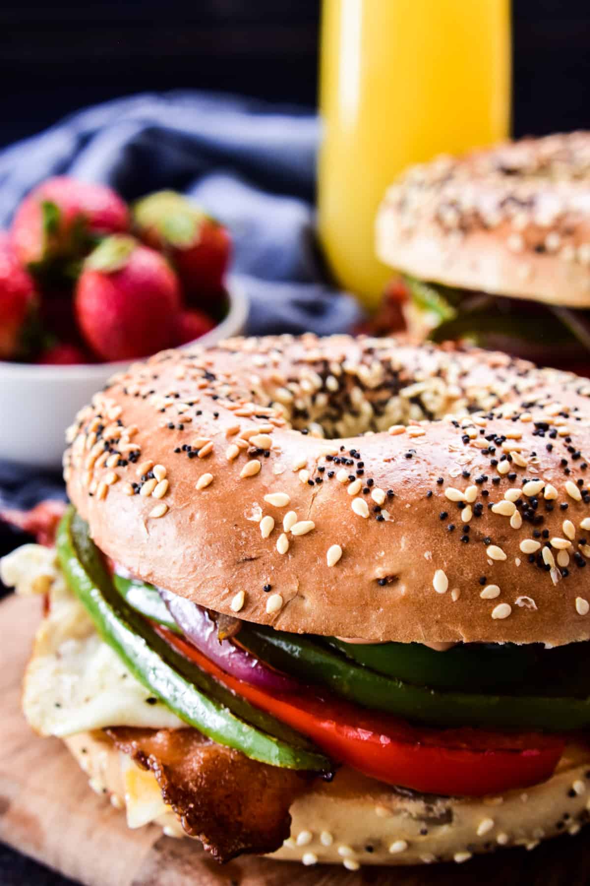 Close up of Breakfast Sandwich on an everything bagel