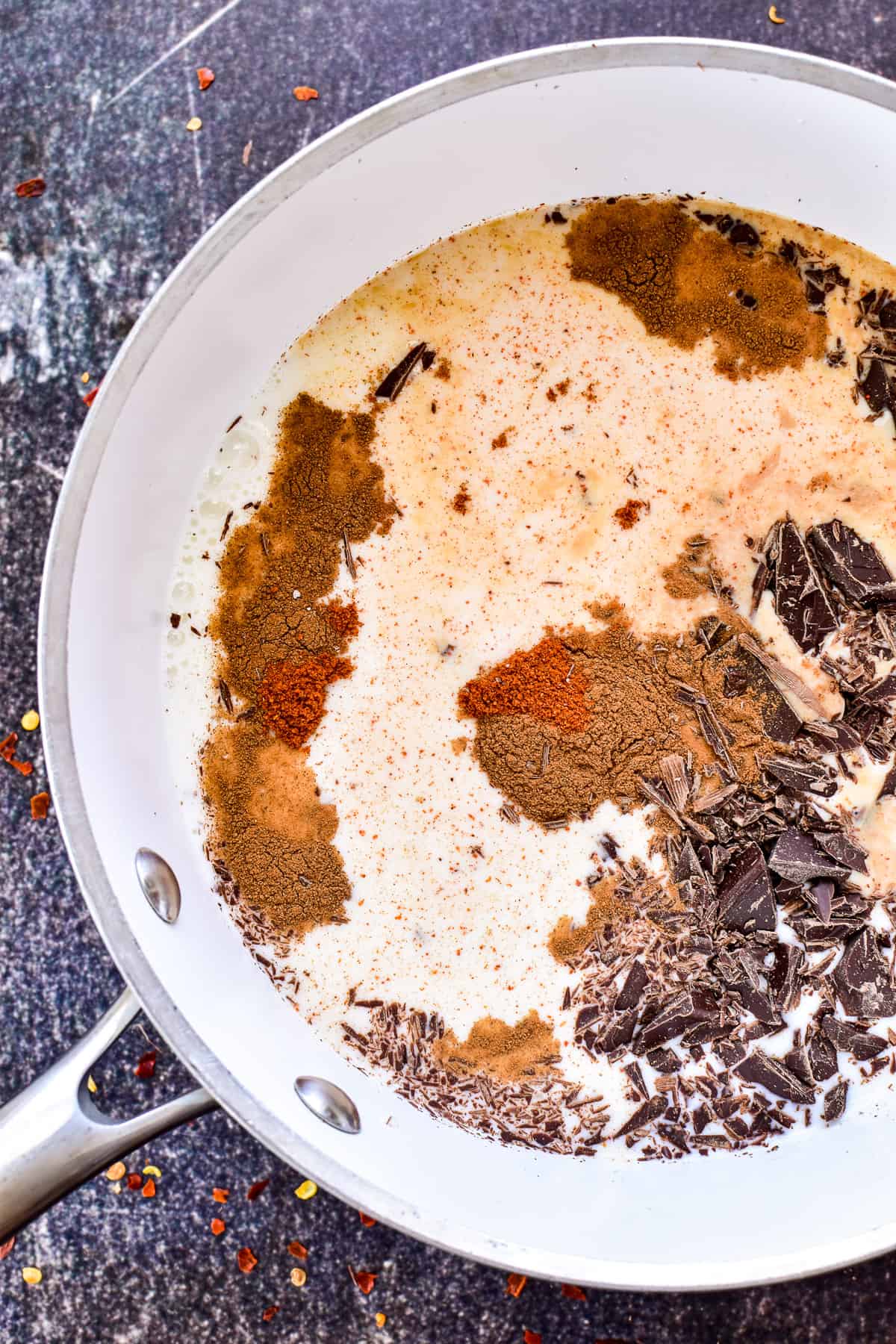 Mexican Hot Chocolate ingredients combined in a saucepan