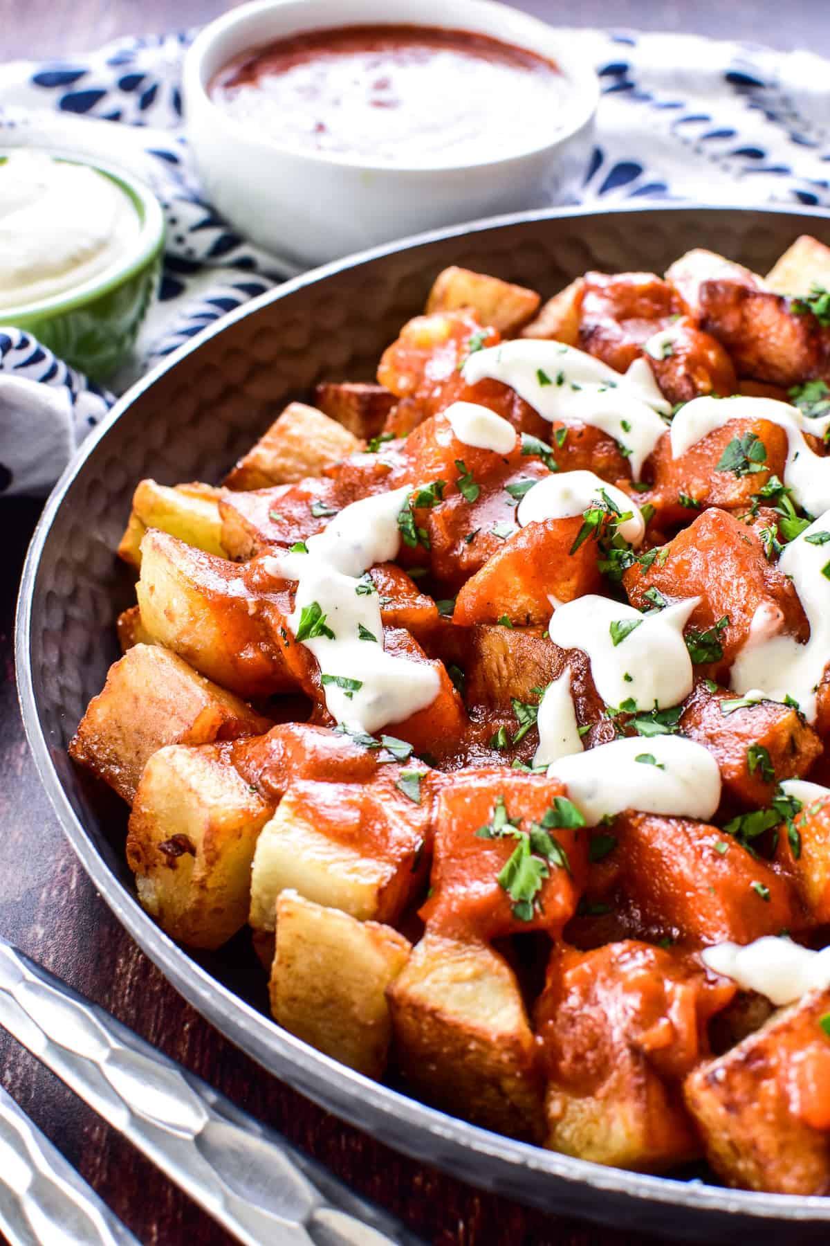 Patatas Bravas in a serving dish