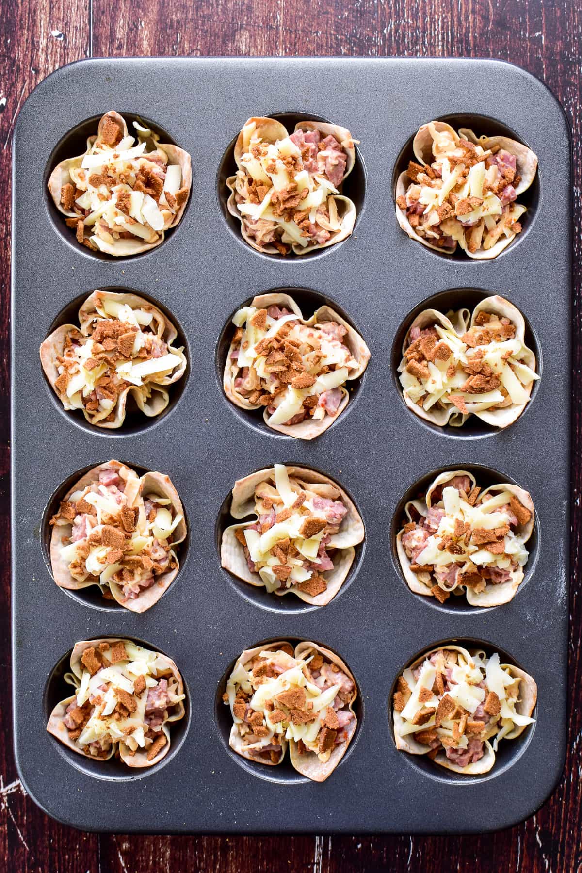 Reuben Wonton Cups in muffin tin
