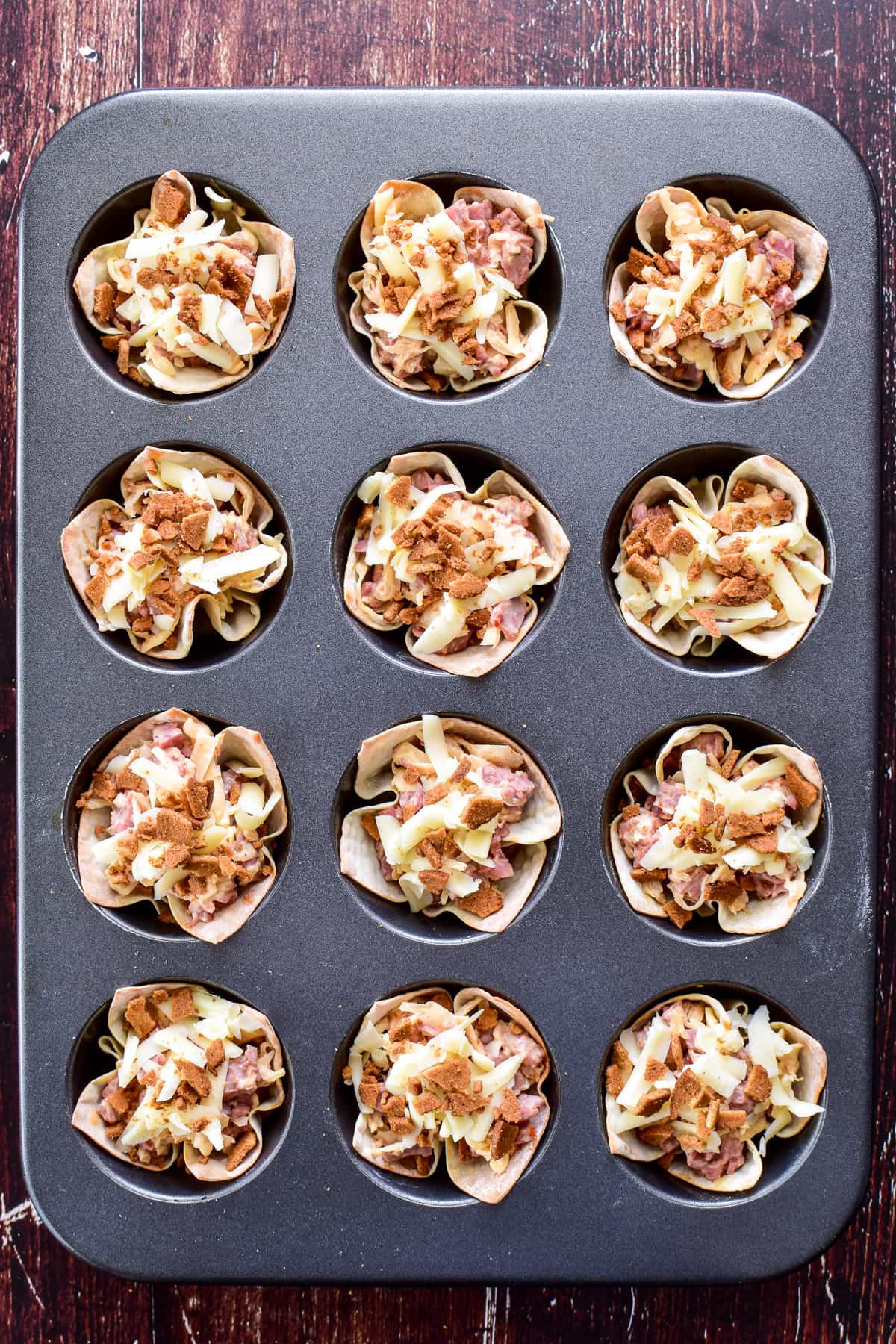 Reuben Wonton Cups in muffin tin