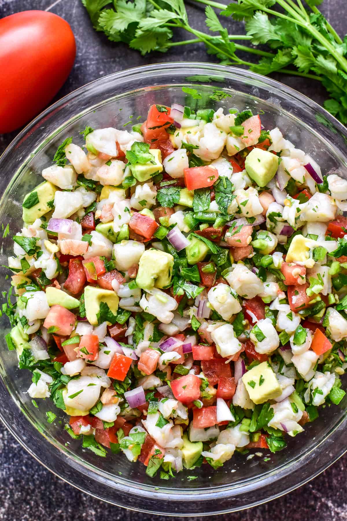 Close up of Shrimp Ceviche in a mixing bowl