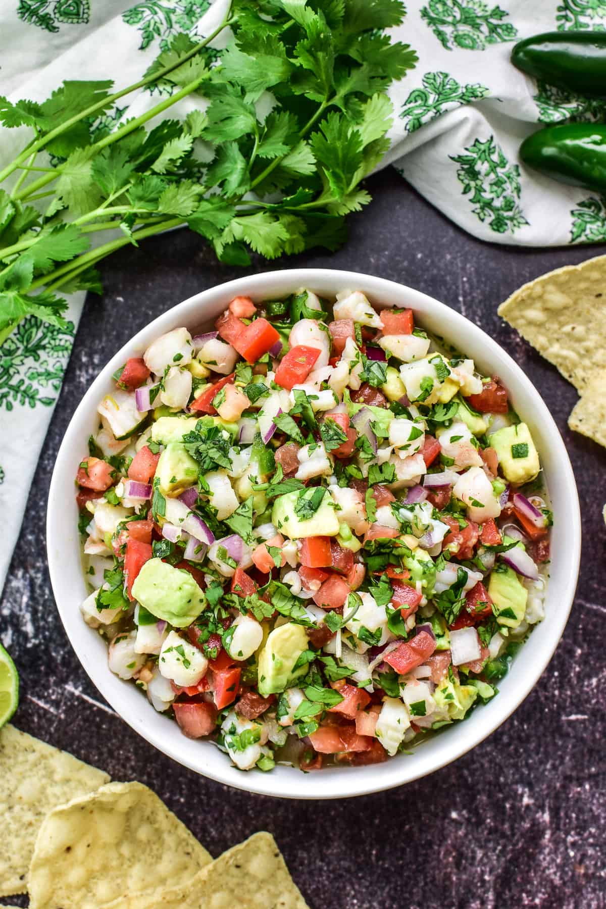 Shrimp Ceviche with cilantro and tortilla chips 