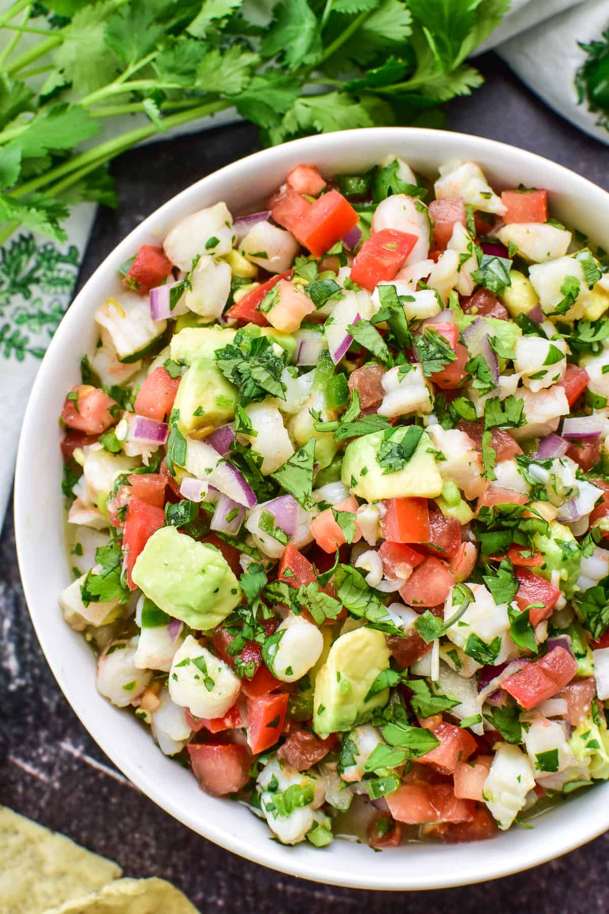 Overhead shot of Shrimp Ceviche in a white serving bowl