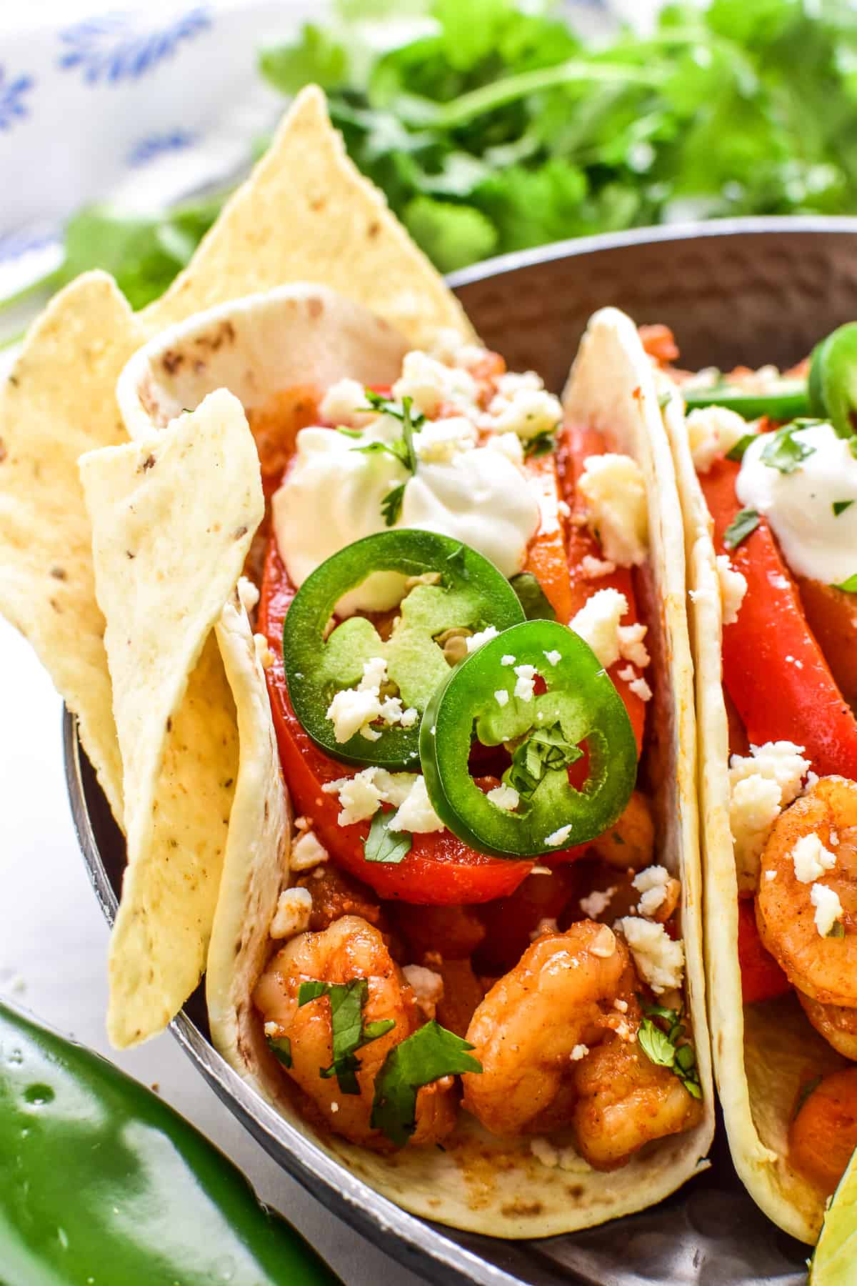 Close up of Shrimp Fajitas in flour tortillas