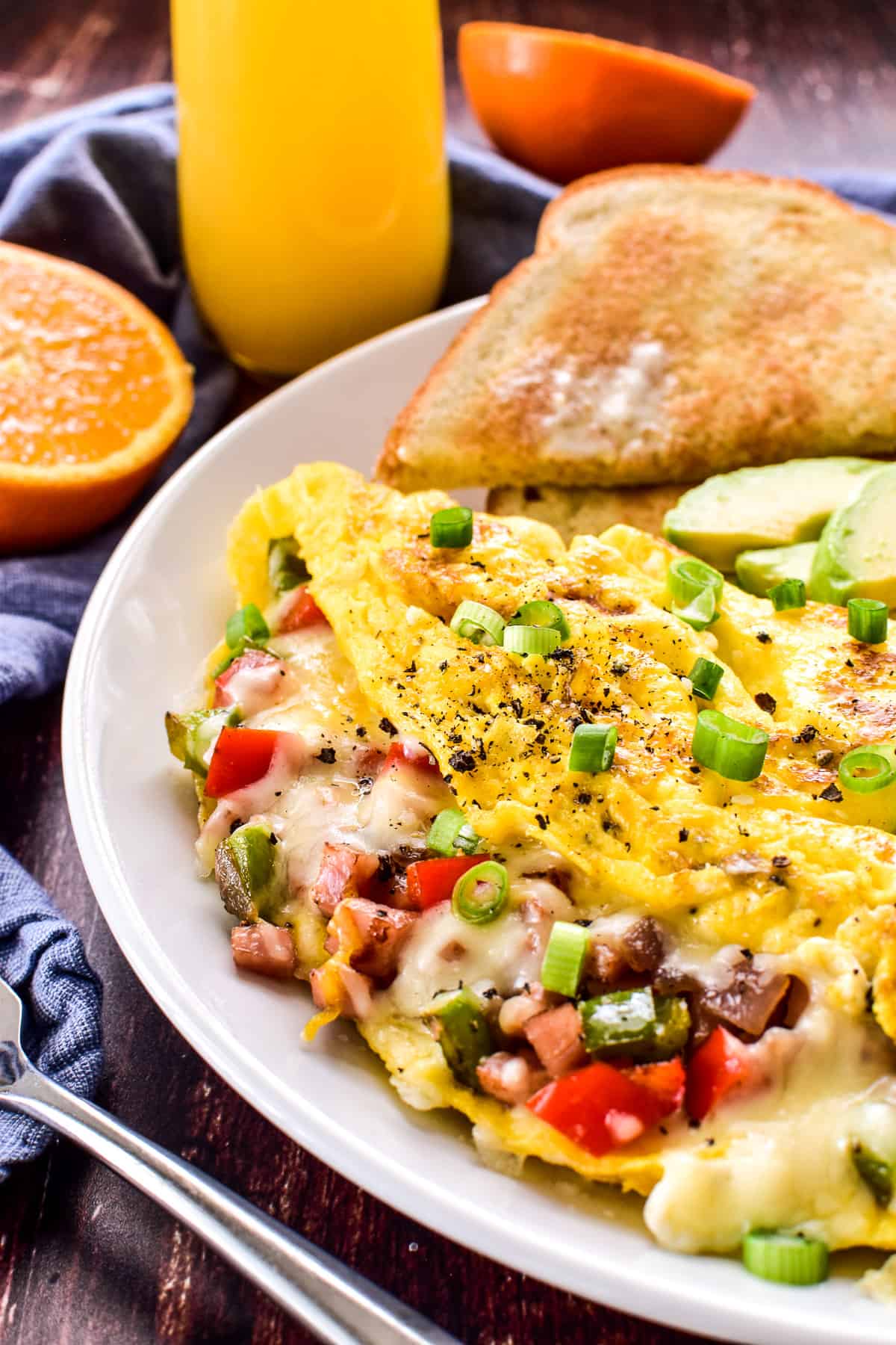 Close up of Western Omelette with peppers, onions, and cheese