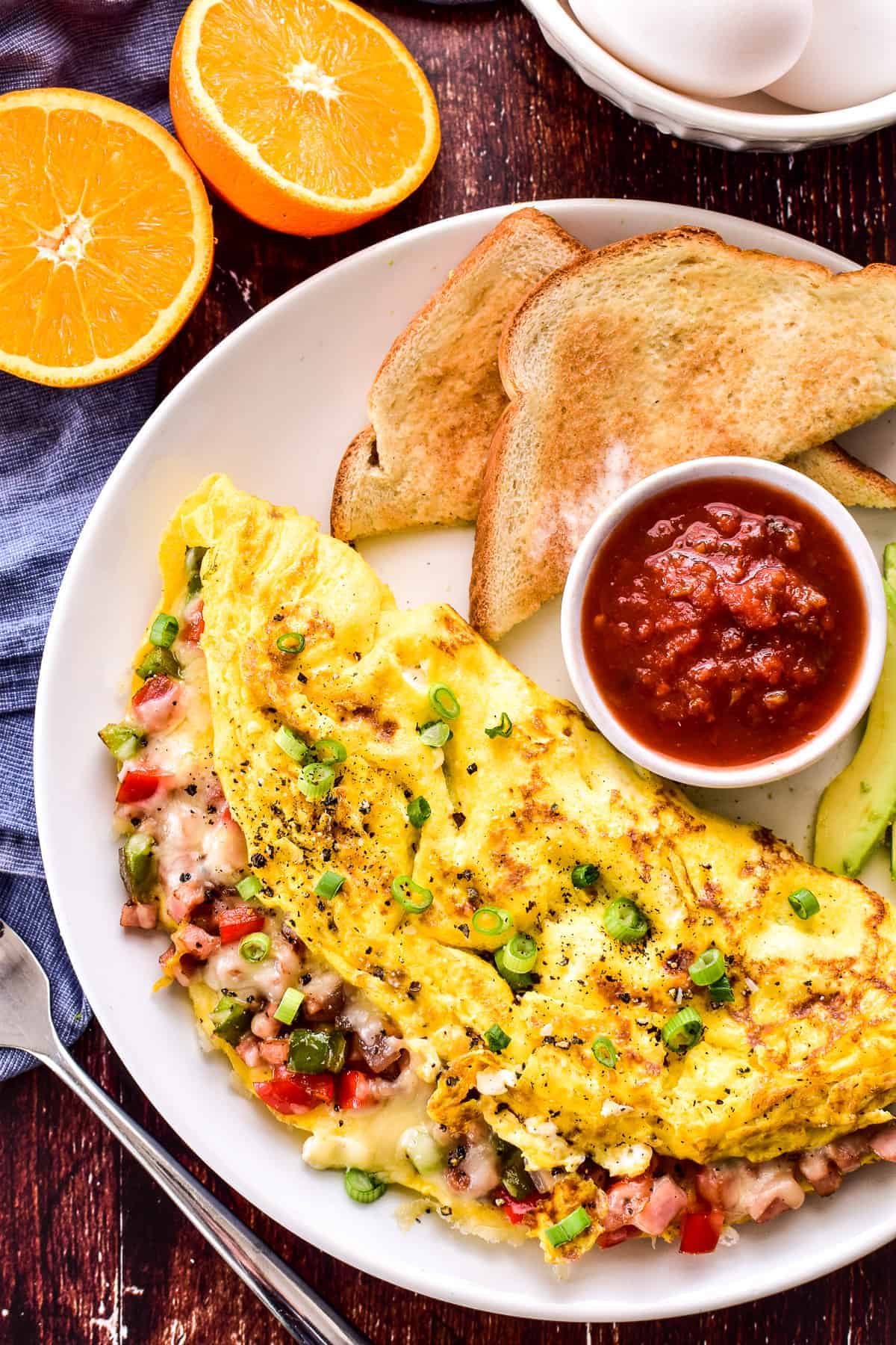 Overhead shot of Western Omelette on a white plate