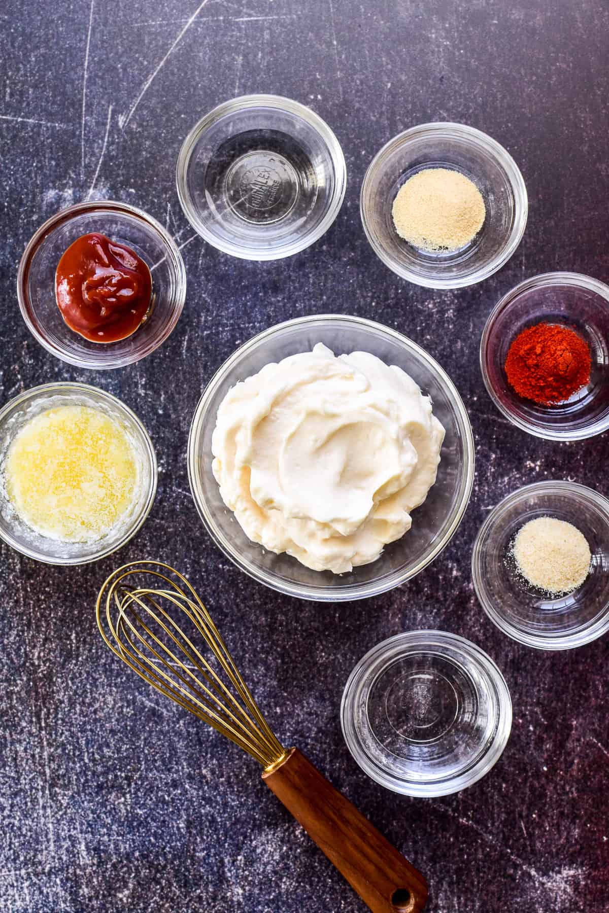 Yum Yum Sauce ingredients in small glass bowls