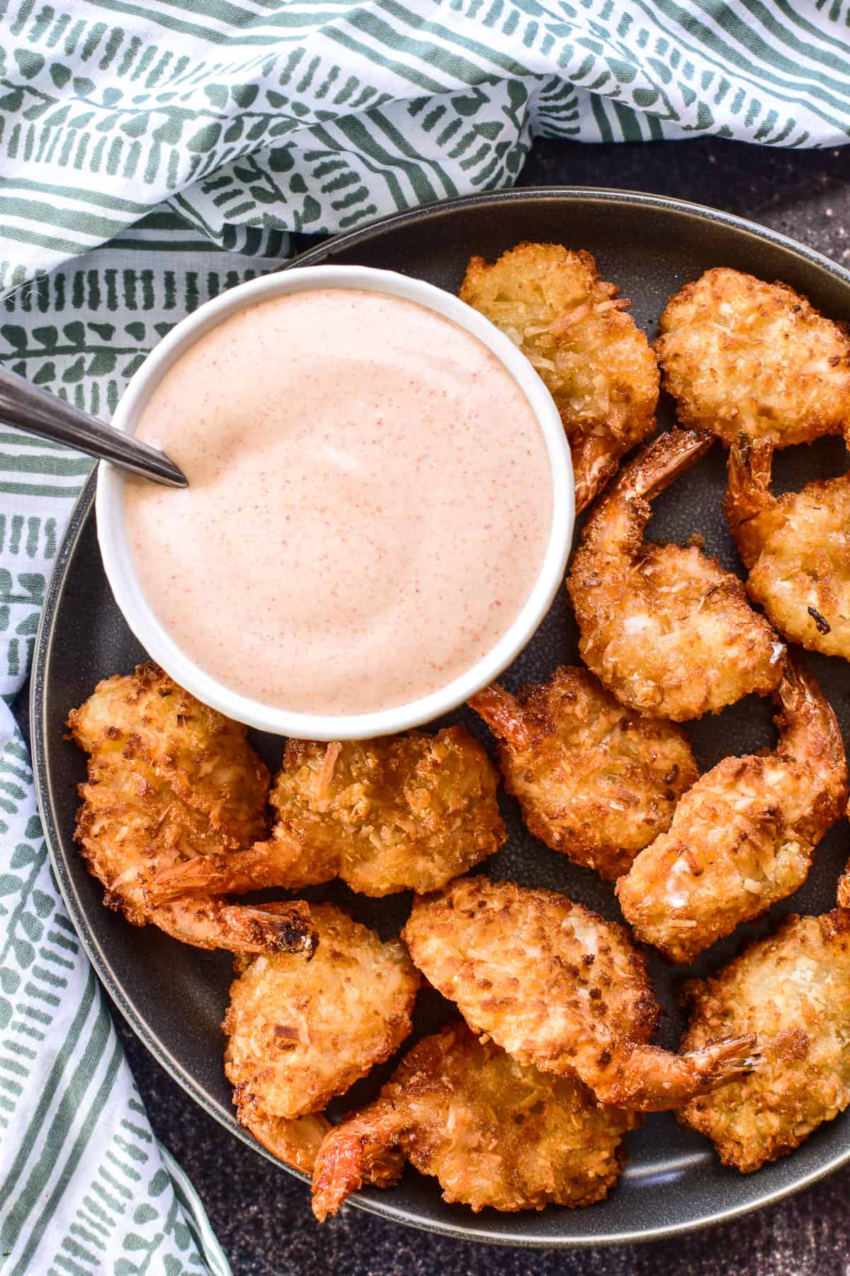 Overhead shot of Yum Yum Sauce with Coconut Shrimp