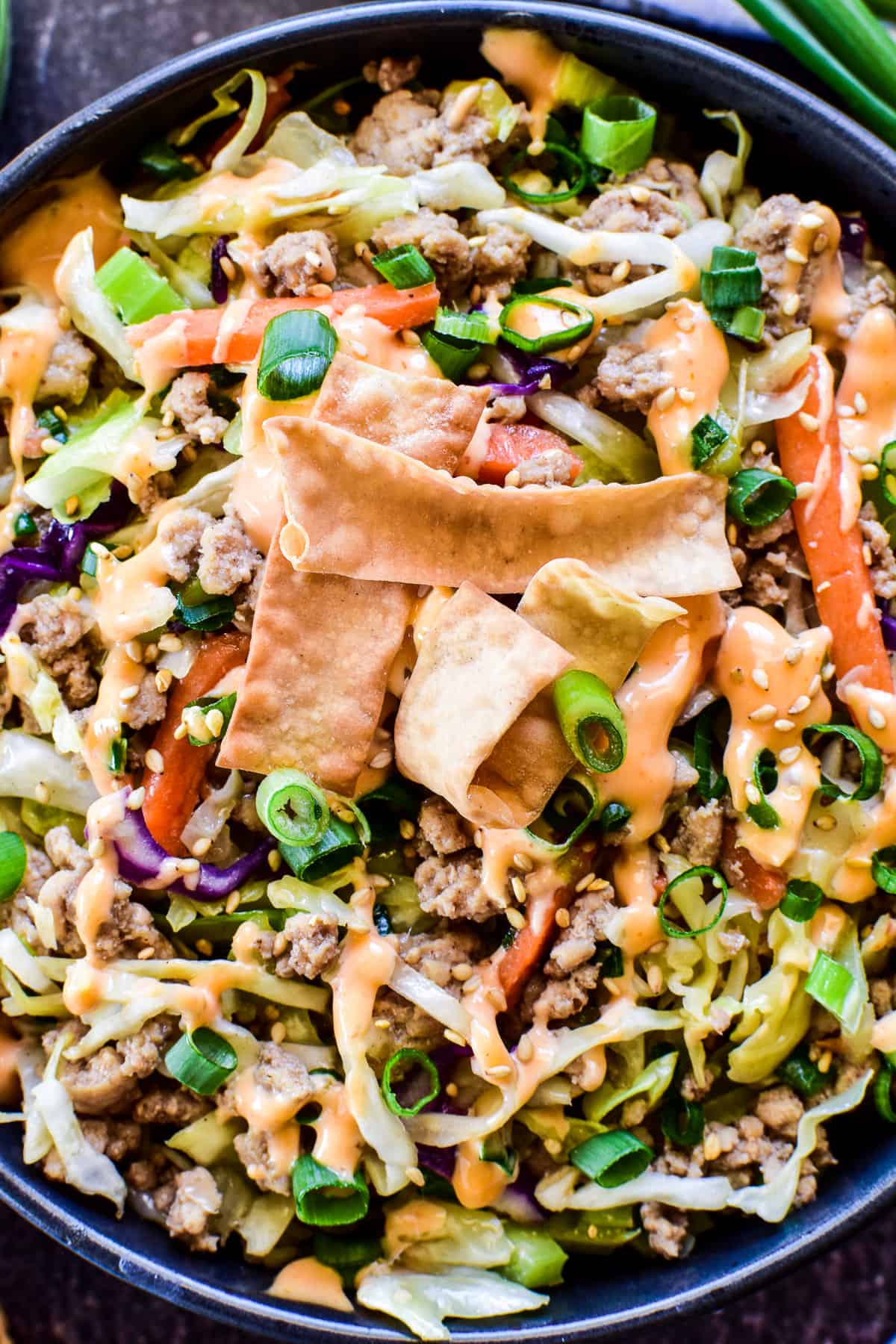 Close up of Egg Roll in a Bowl