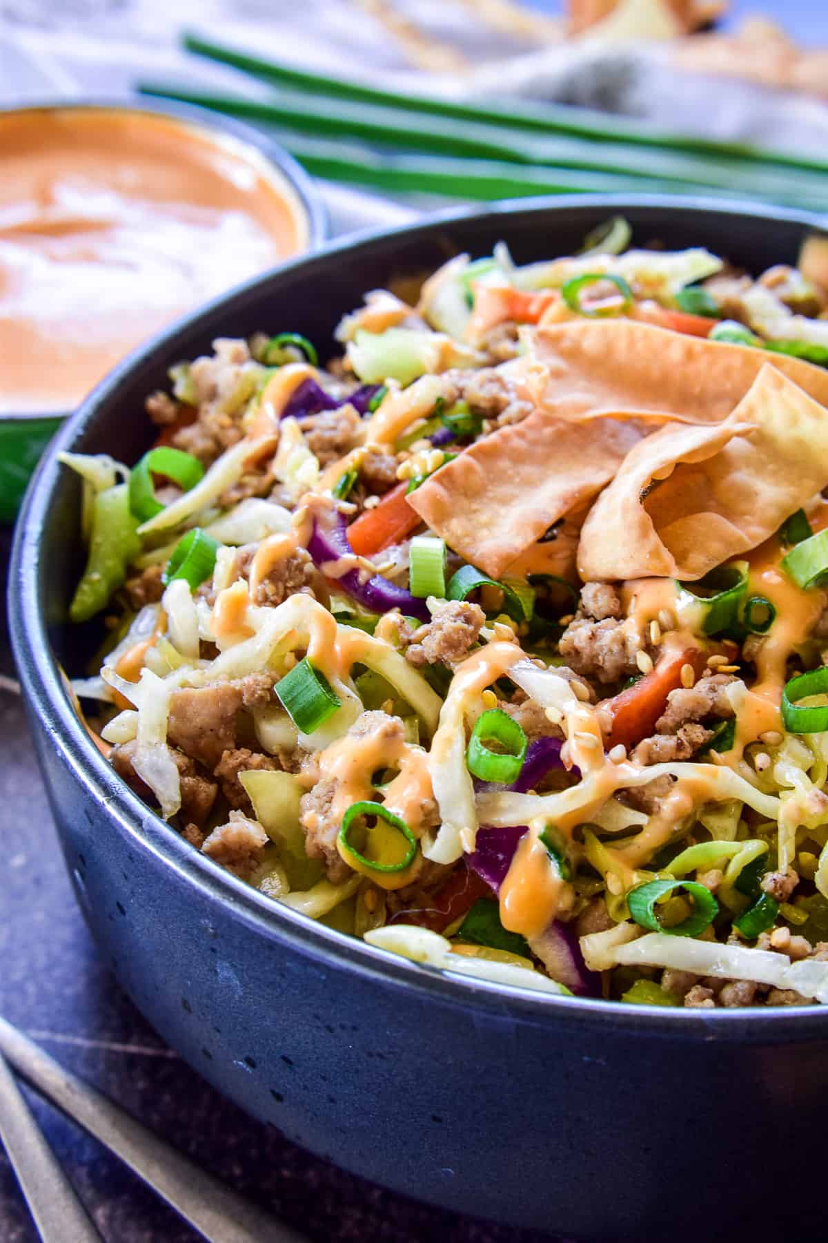 Close up of Egg Roll in a Bowl with crispy wonton strips and spicy mayo