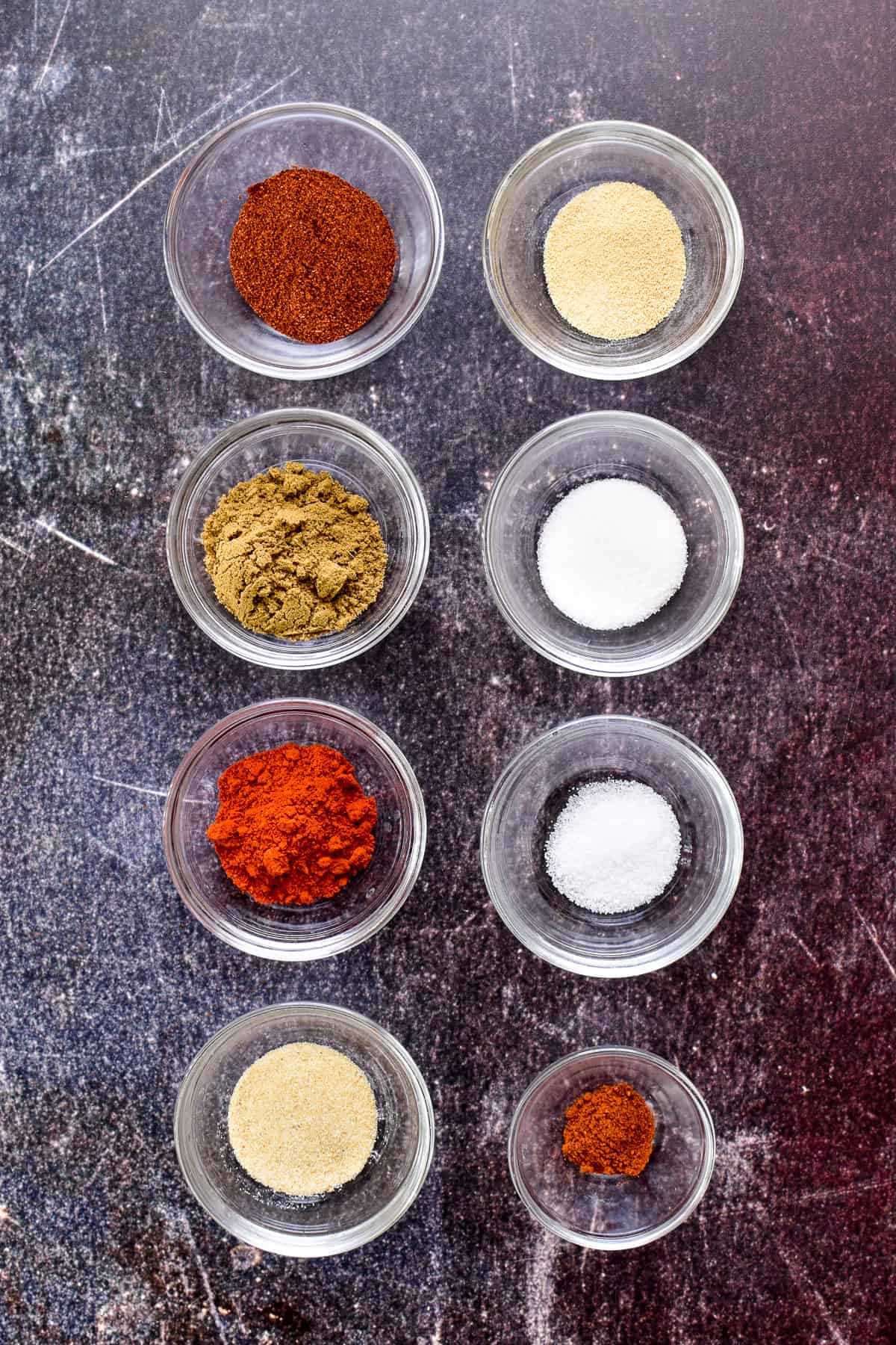 Fajita spices in small glass bowls