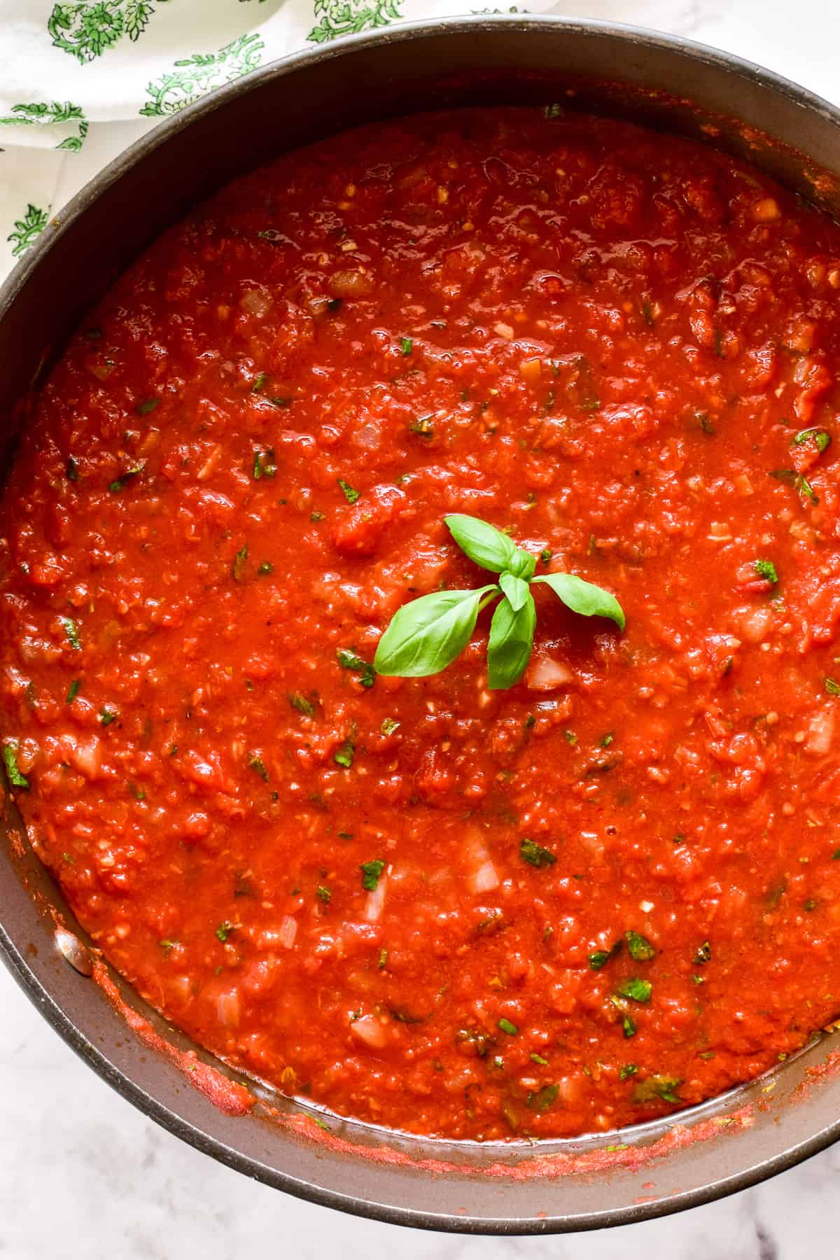 Overhead shot of Homemade Marinara Sauce in a sauce pan