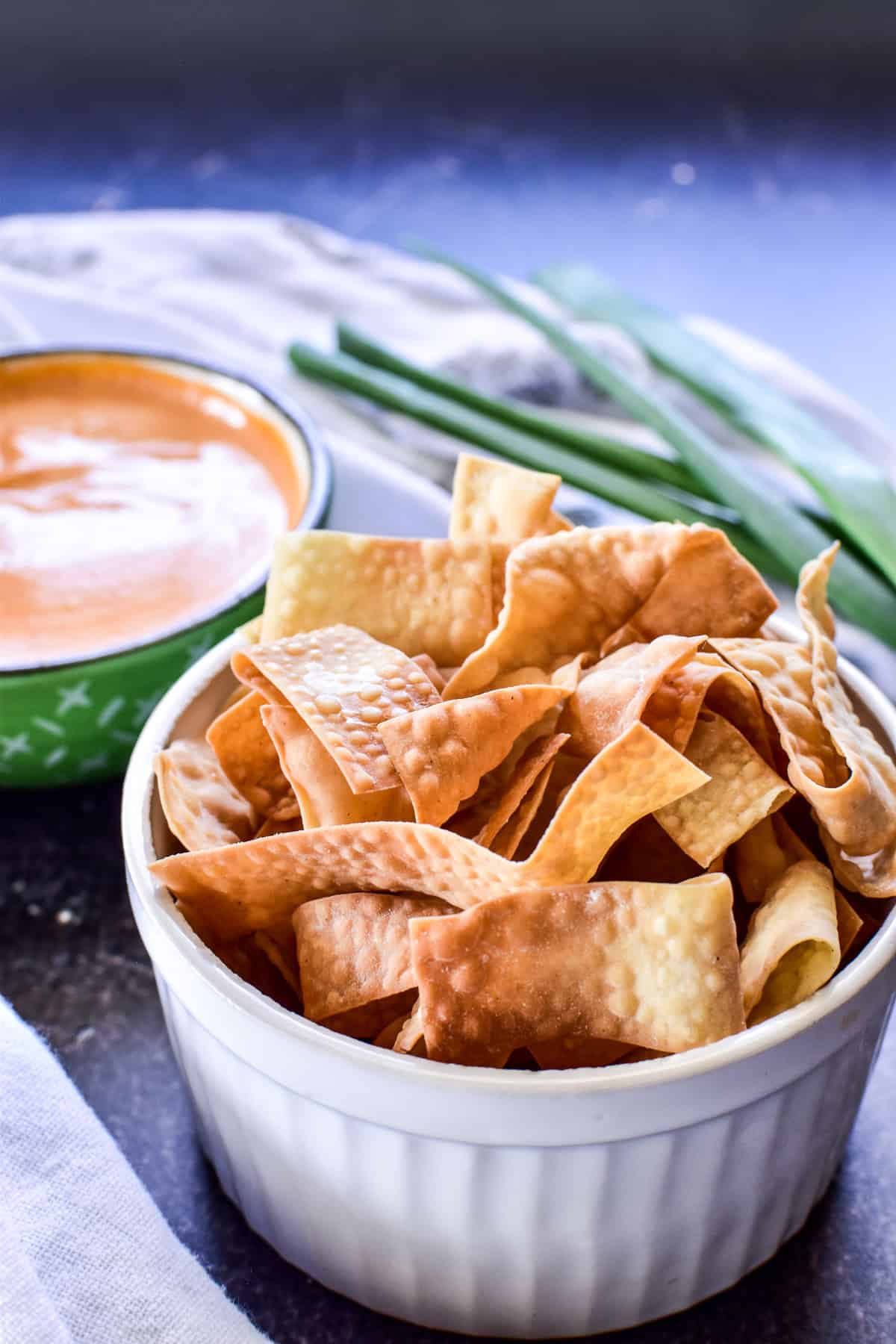 Wonton Strips in a white bowl