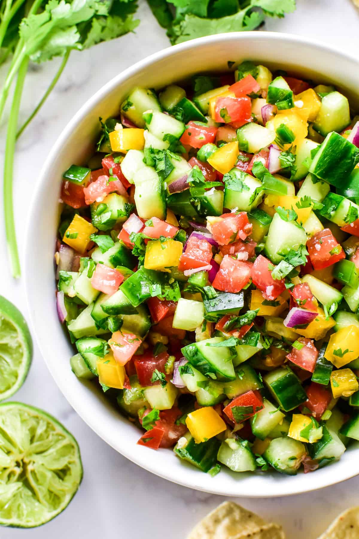 Overhead close up of Cucumber Salsa in a serving bowl