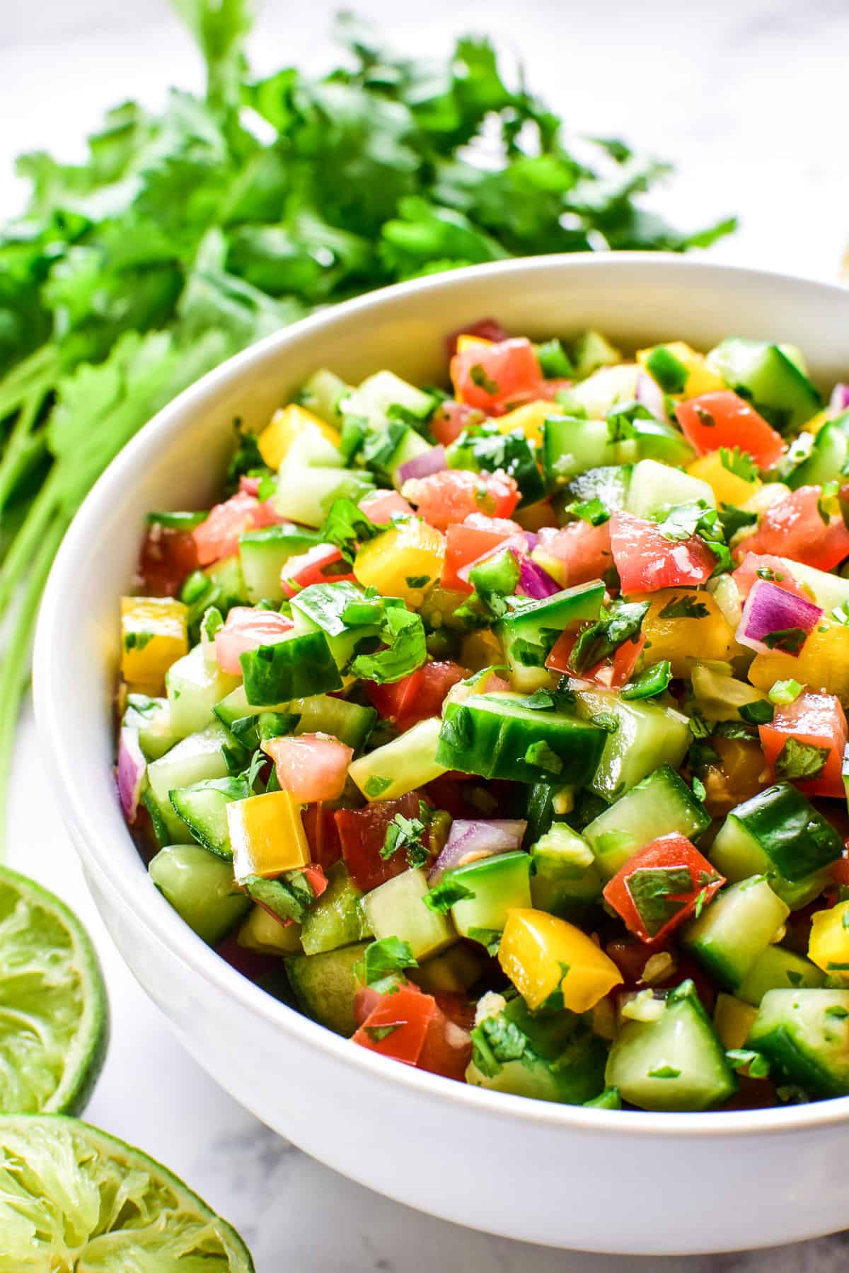 Close up of Cucumber Salsa with fresh cilantro in the background