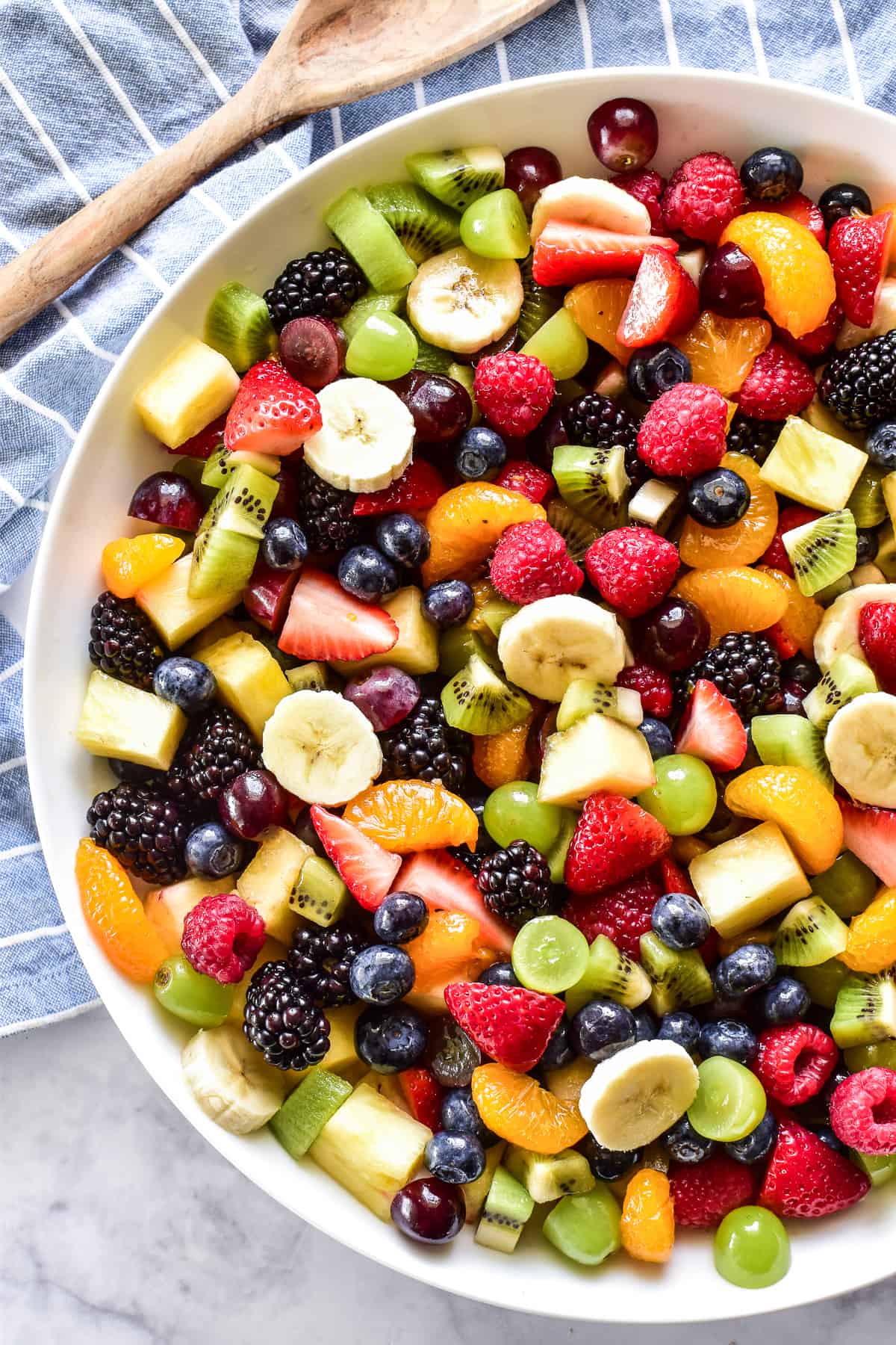 Overhead image of Fruit Salad in a white bowl