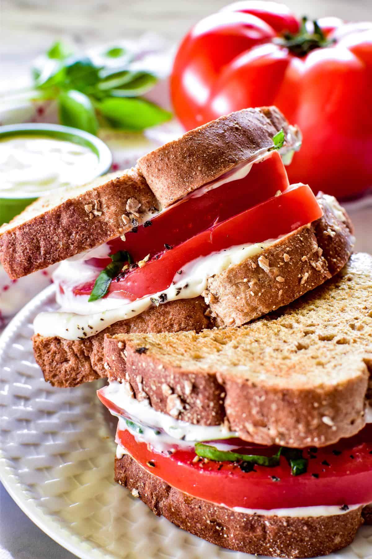 Tomato sandwich cut in half and stacked on a white plate