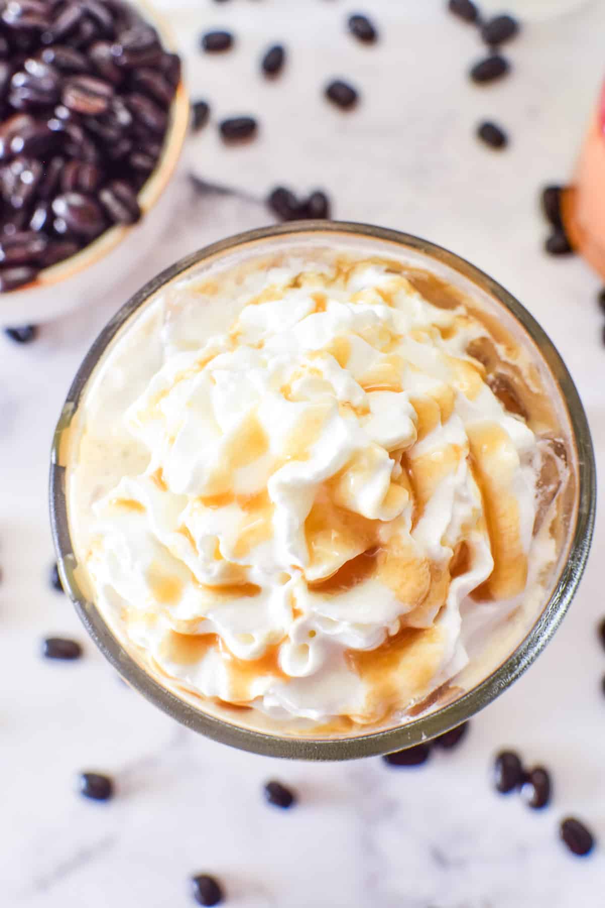 Overhead image of Iced Latte with whipped cream